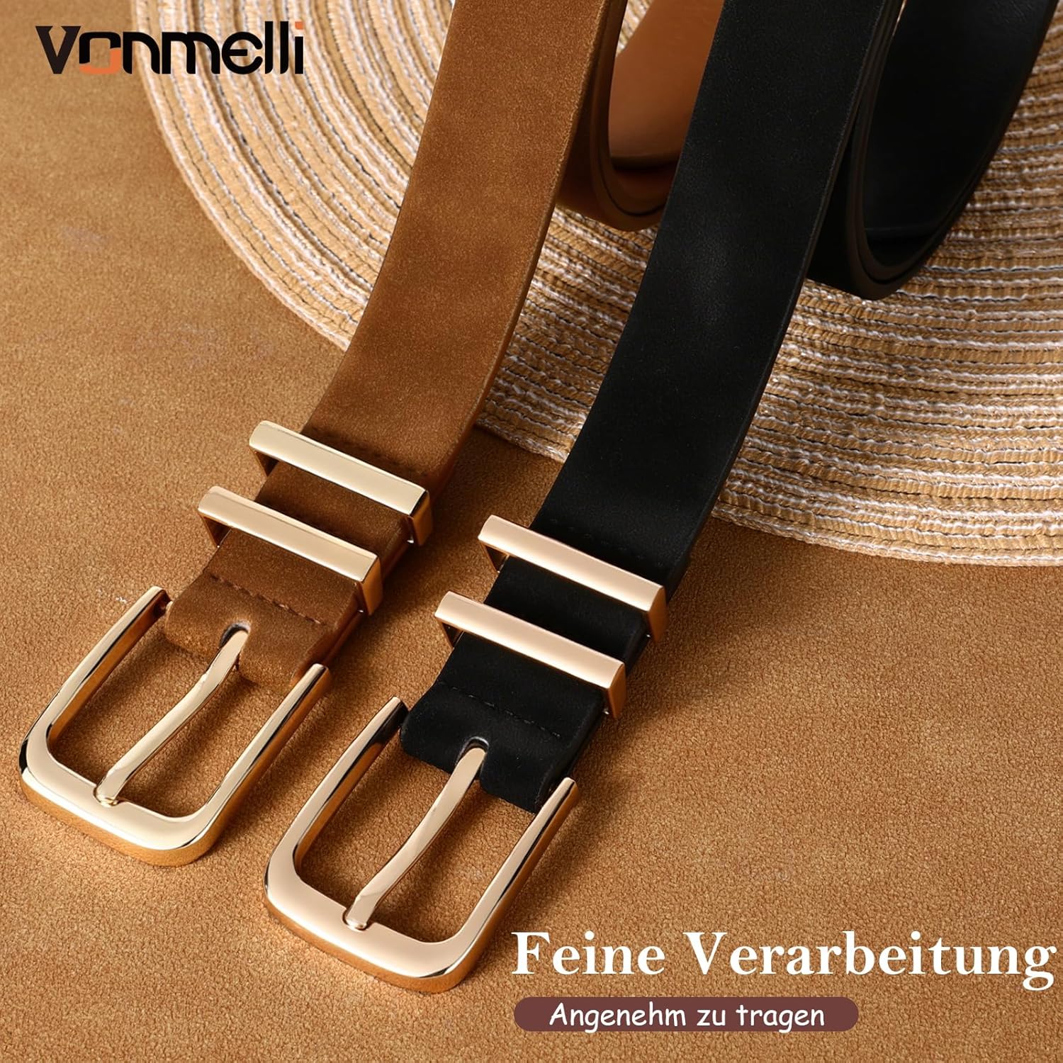 Thumbnail 3 de VONMELLI Damen Gürtel 2er-Set 2,5 cm – schmaler Ledergürtel mit Goldschnalle in Schwarz/Braun