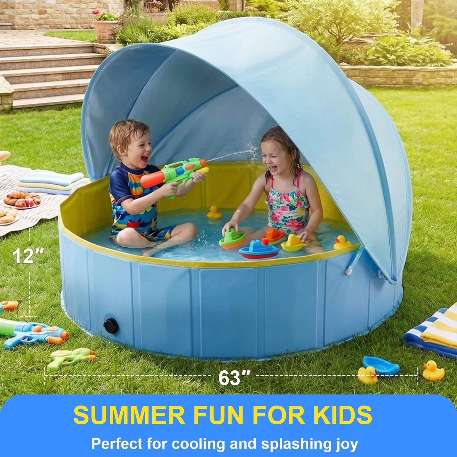 Thumbnail 6 de Kiddie Pool with Canopy: Large 63in Foldable Pool with Detachable UPF 50+ Sunshade
