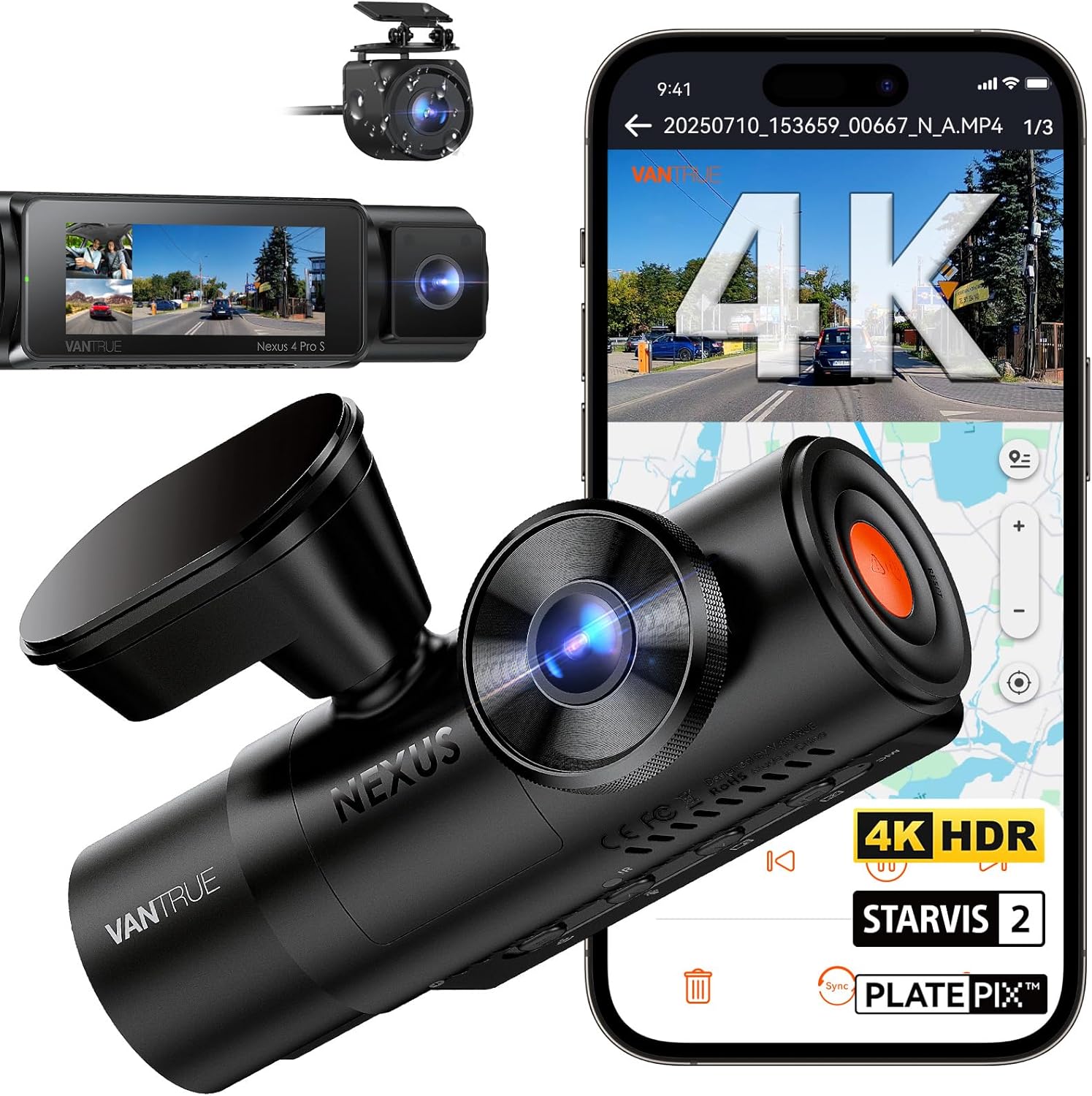 Detalle de Vantrue N4 Pro S 4K 3-Channel Dash Cam: Front, Rear, and Inside with STARVIS 2 Night Vision