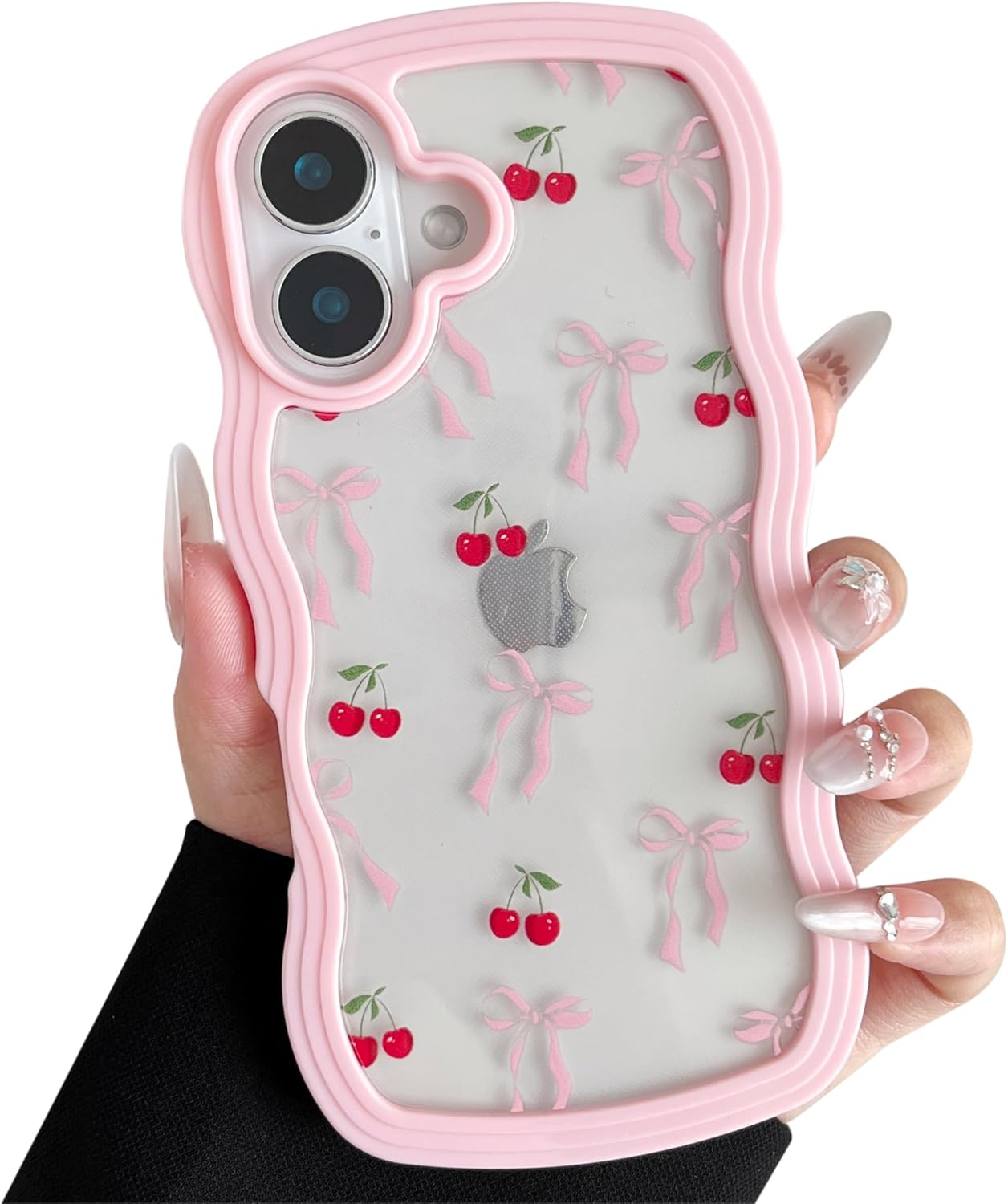 Detalle de ZTOFERA Hülle für iPhone 16 Plus (6,7 Zoll) – Klar mit Kirsch‑Schleife, Harte PC‑Rahmen + Pink