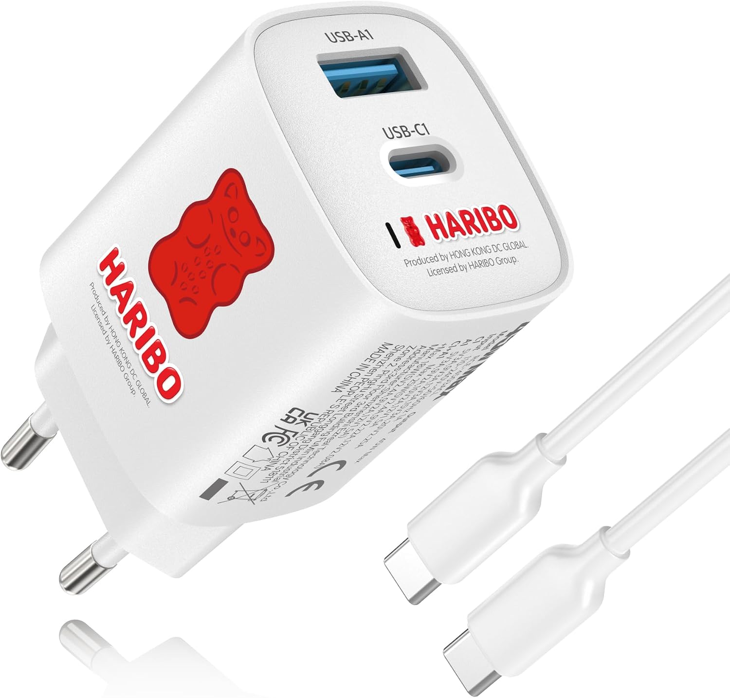Detalle de Haribo 45W USB-C Ladegerät mit 2 Ports – GaN Schnellladeadapter, PPS, kompakt & reisefertig (Rot)