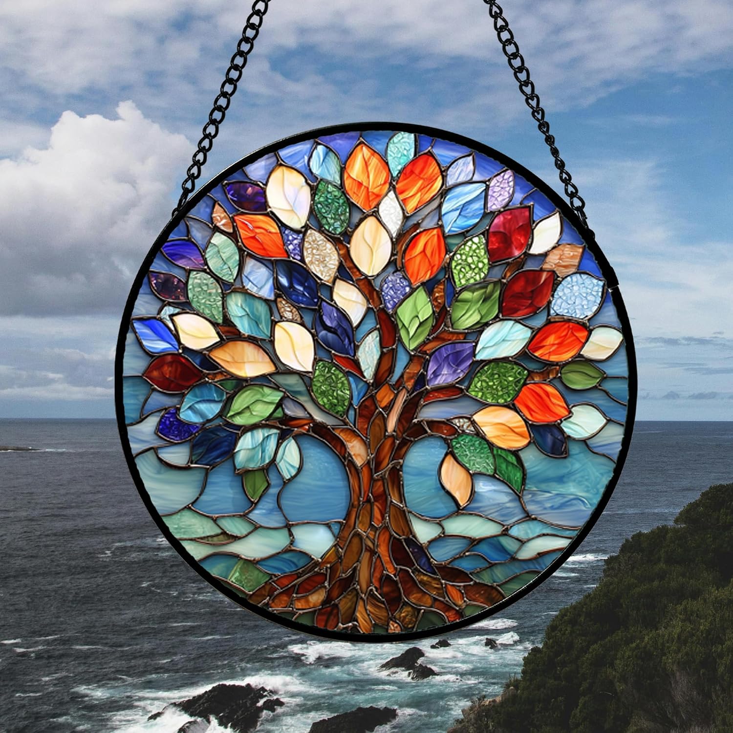 Detalle 2 de DASTOLL Colorful Tree of Life Glass Suncatcher, 15-Inch Window Hanging