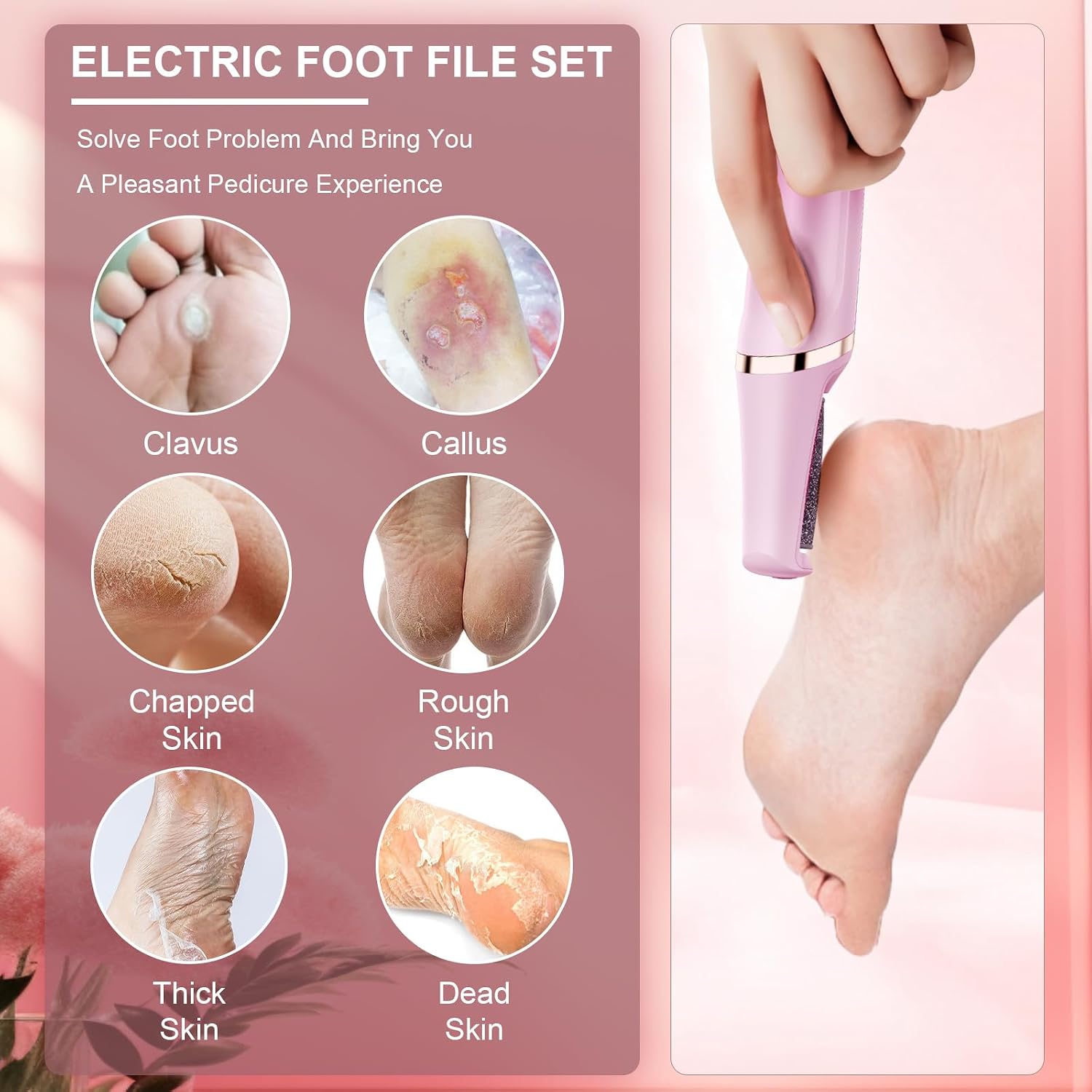 Detalle de Dongxw Electric Foot File with 3 Speeds and 3 Rollers (Pink)