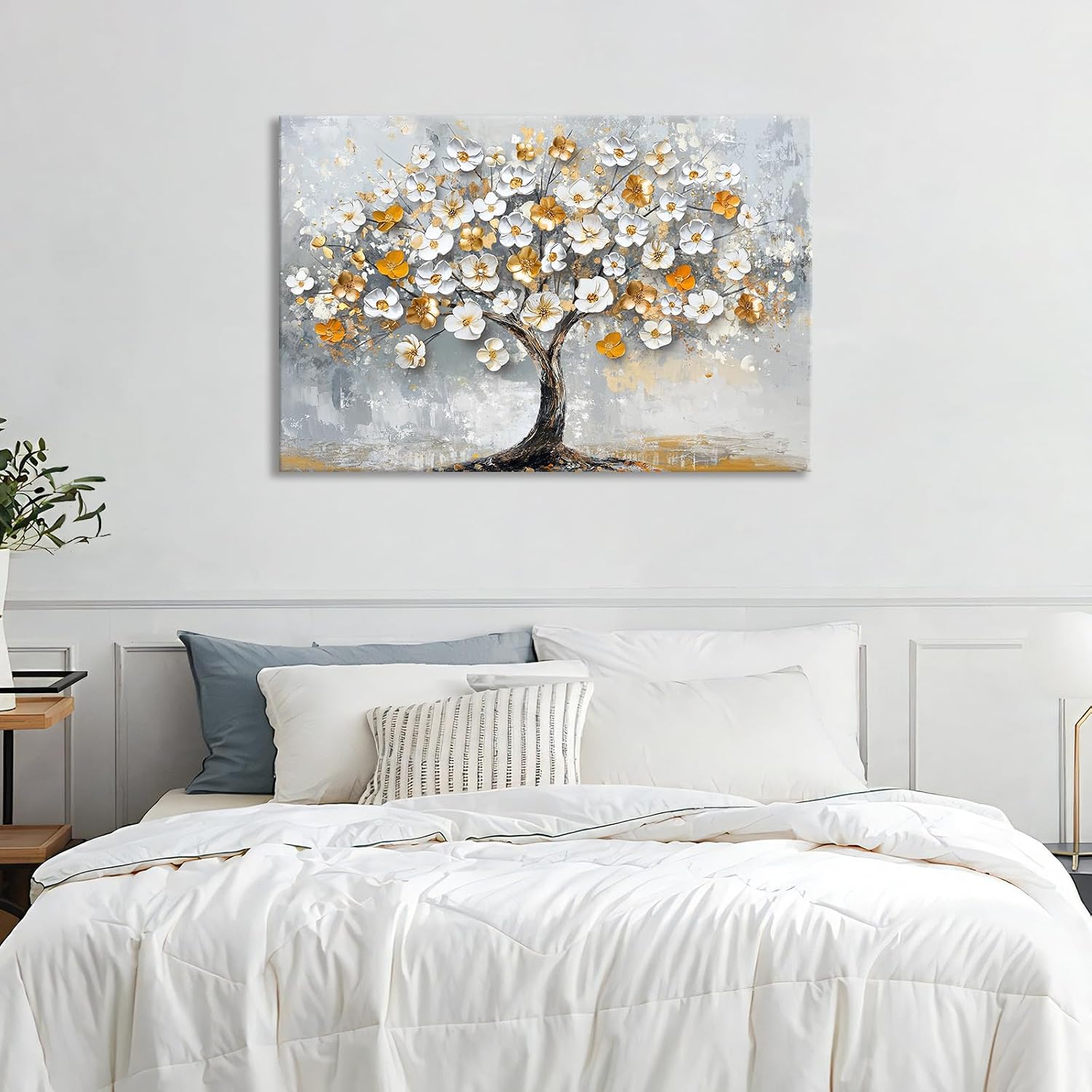 Detalle de Weiß Gold Blühende Bäume – Große Leinwand mit Rahmen 120x80 cm
