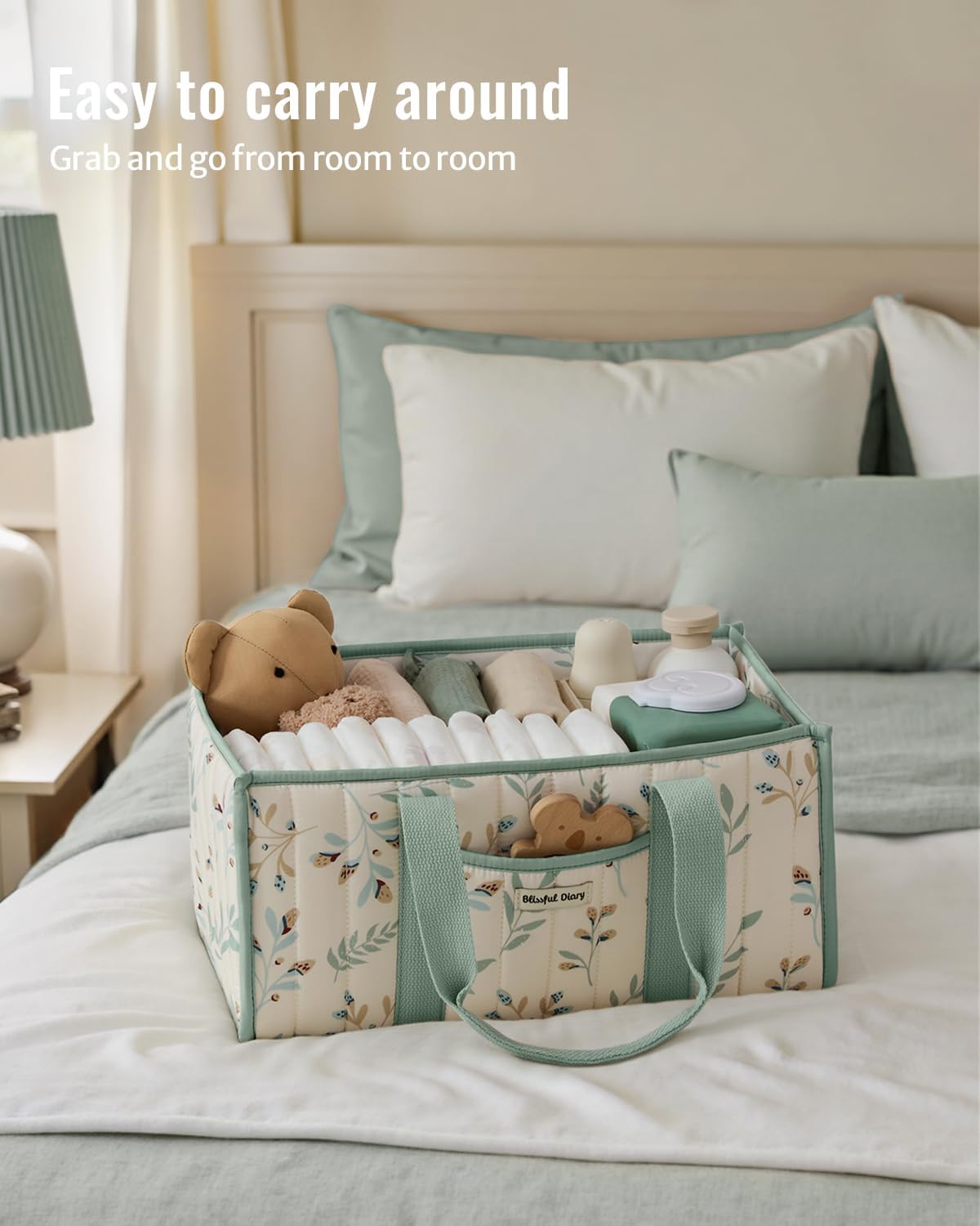 Detalle 2 de Blissful Diary Leaf Diaper Caddy, Quilted Baby Organizer with Removable Dividers
