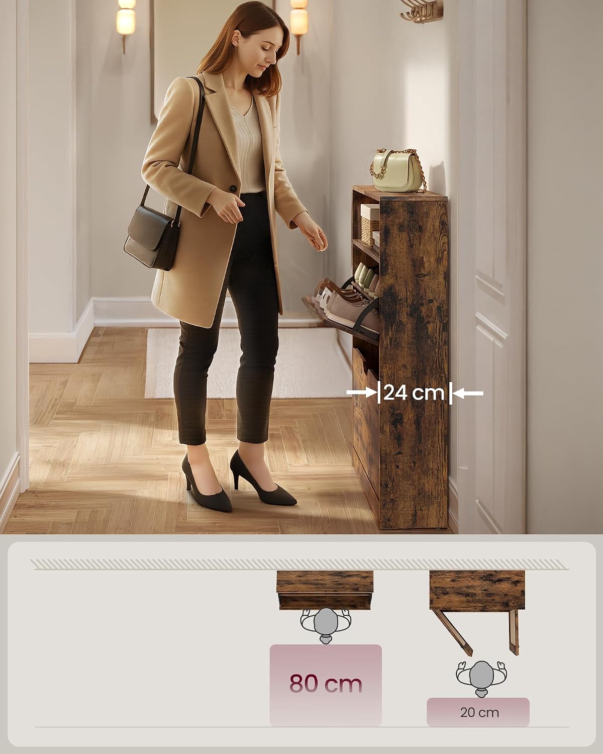Detalle de VASAGLE LBC048B01 Shoe Cabinet with Hinged Doors and Adjustable Dividers