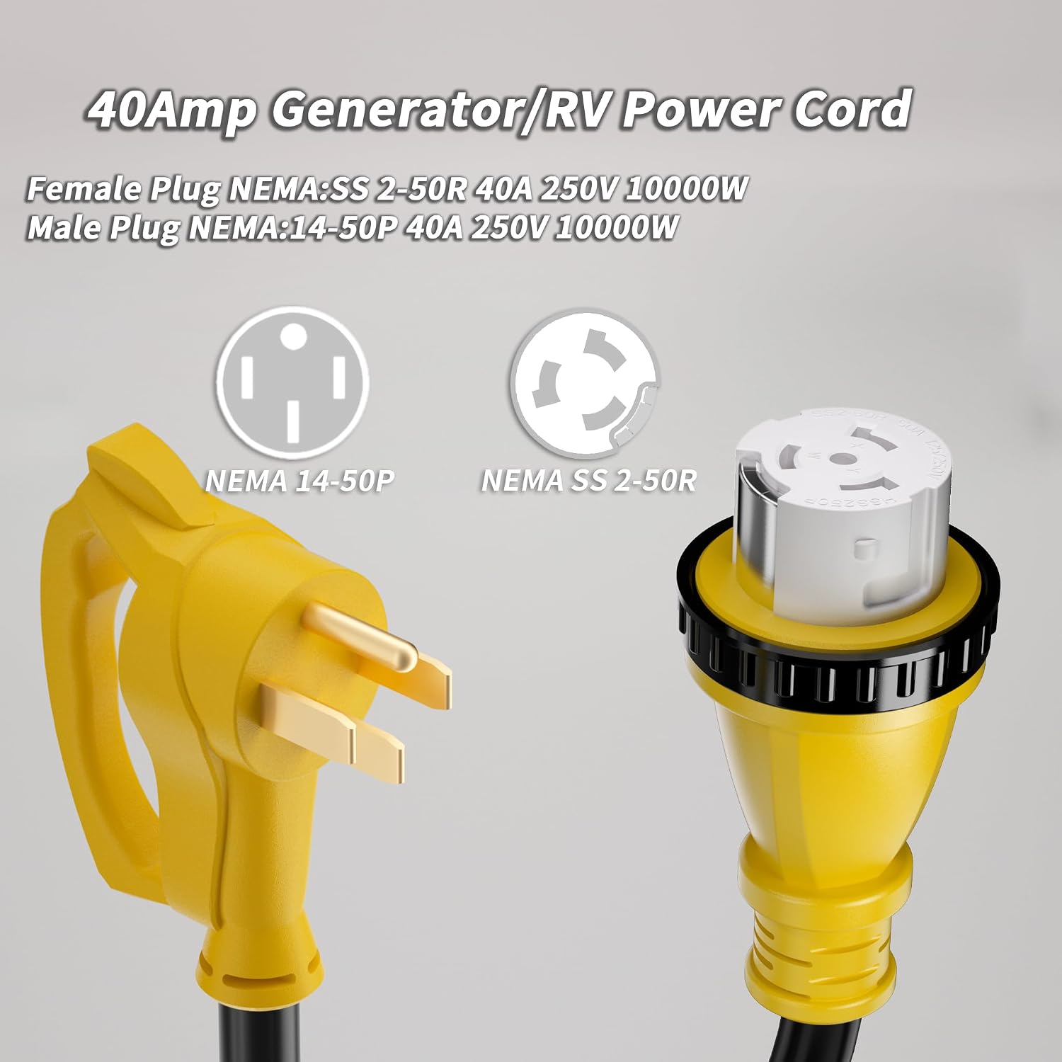 Detalle de PlugSaf 40 Amp Generator Cord (100 ft) – 40A RV Extension Cord with Twist Lock, NEMA 14-50P / SS2-50R, Heavy Duty STW