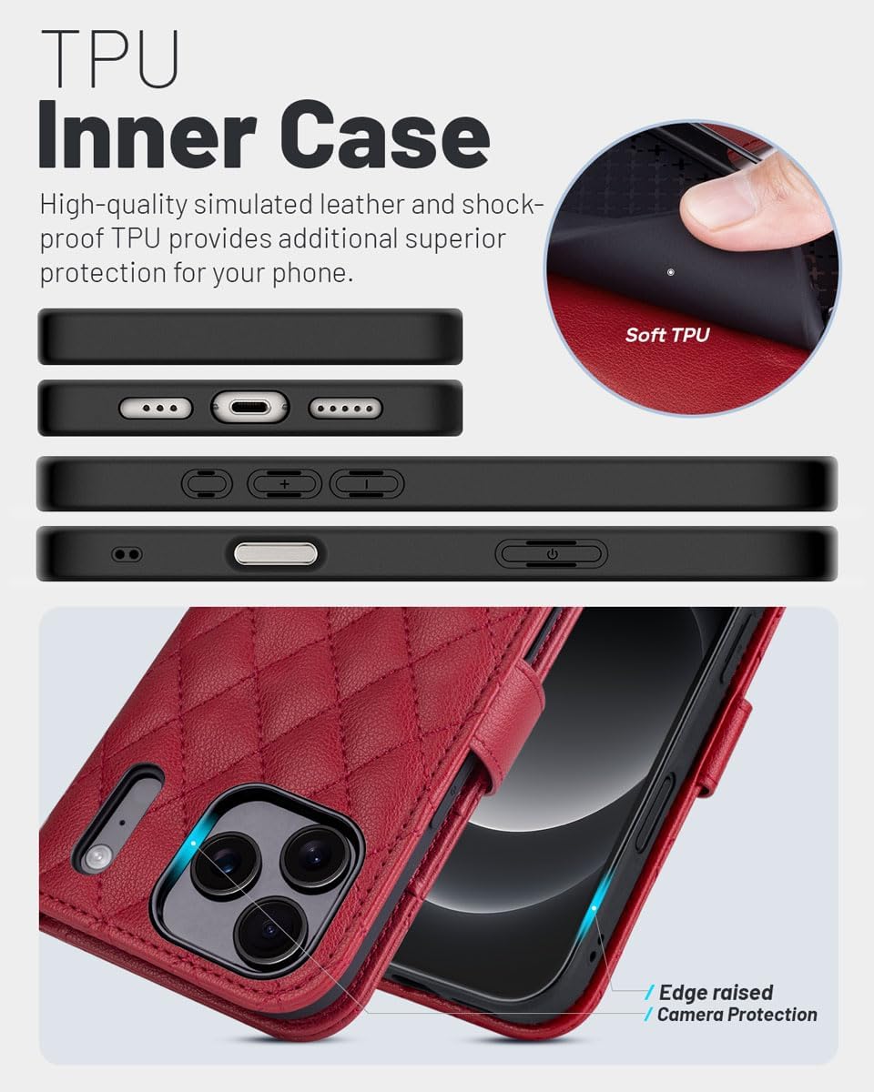 Thumbnail 4 de OCASE Hülle für iPhone 17 Pro Max 5G – Lederhülle mit Kartenfach, Magnet, RFID-Blocker und Standfunktion (Argyle-Rot)