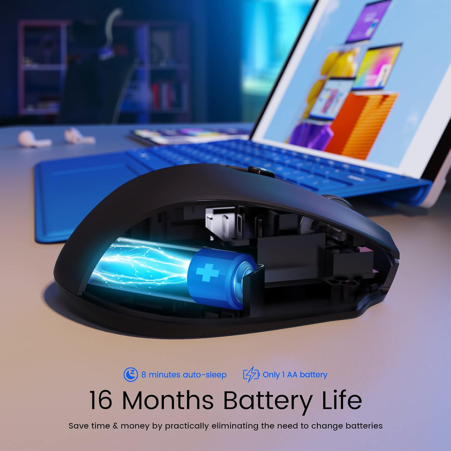 Thumbnail 5 de HOTWEEMS Wireless Mouse D-09 (USB 2.4G) for Laptop, 5-Level 2400 DPI, Ergonomic 30° Design, 16 Months Battery, Black