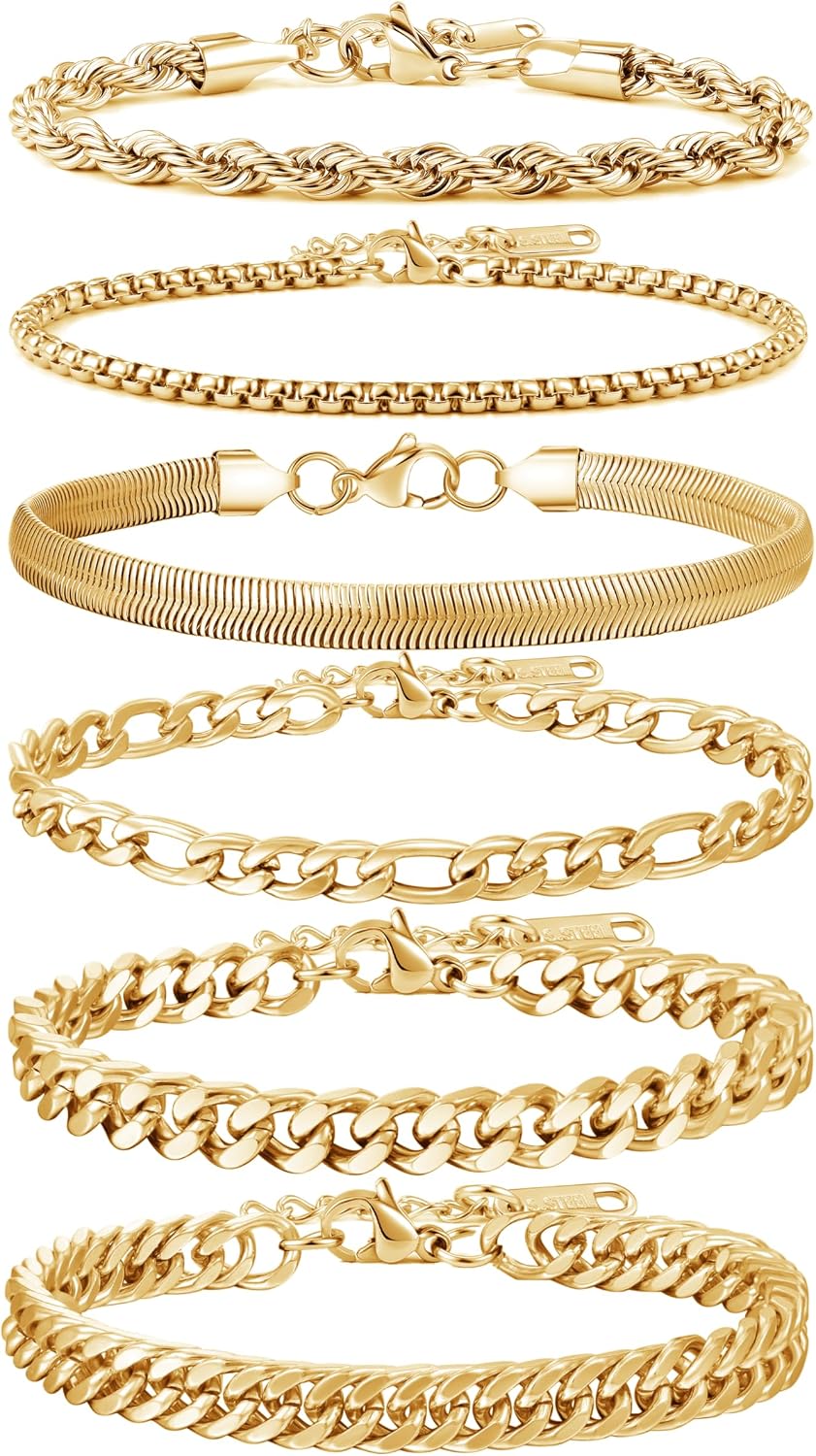 Thumbnail 6 de Geveay 6-Piece Men's Stainless Steel Chain Bracelet Set, Adjustable, 7.1+1.2 Inches