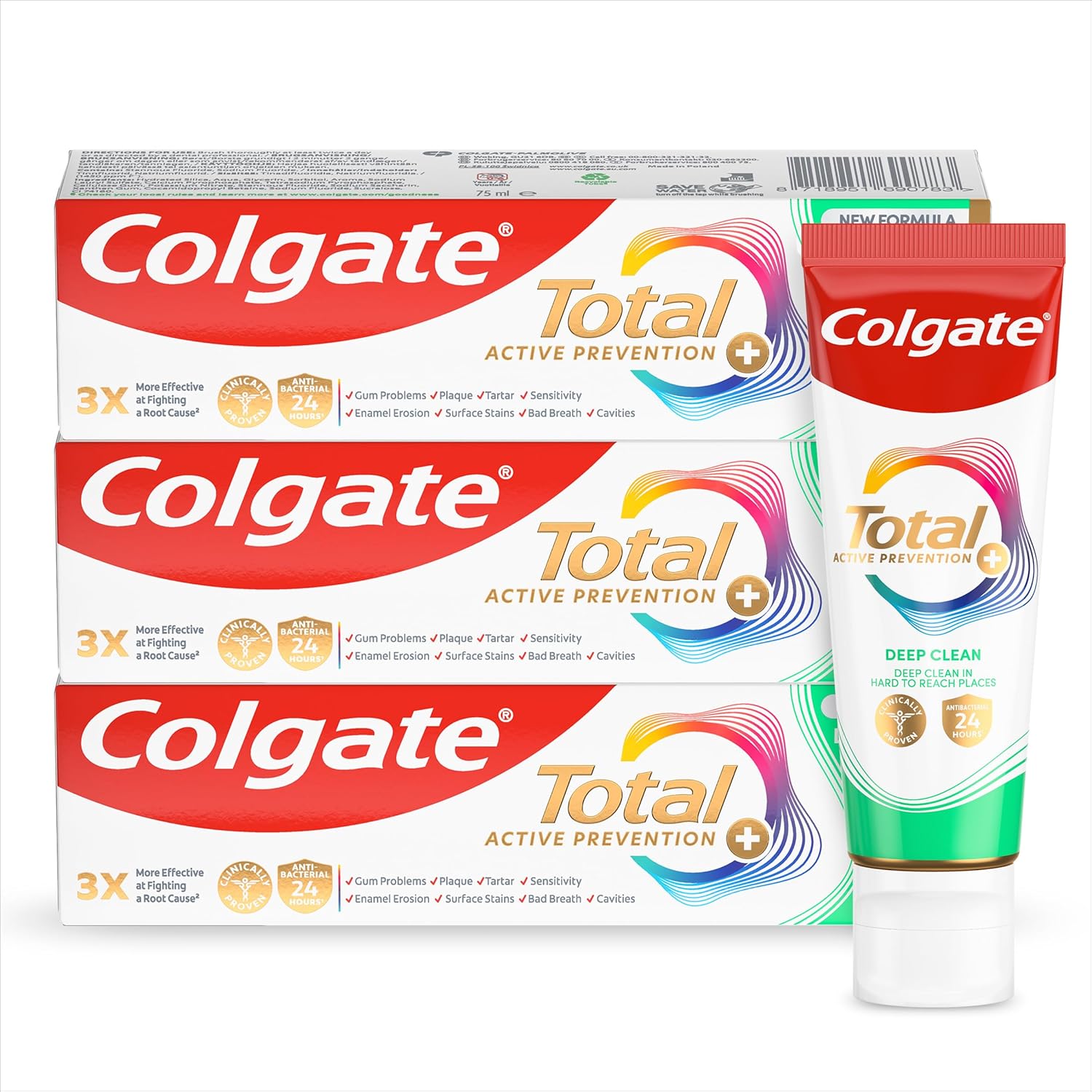 Detalle de Colgate Total Advanced Deep Clean Toothpaste 75ml x 3 – Balanced daily care with deep cleaning and 24h antibacterial protection