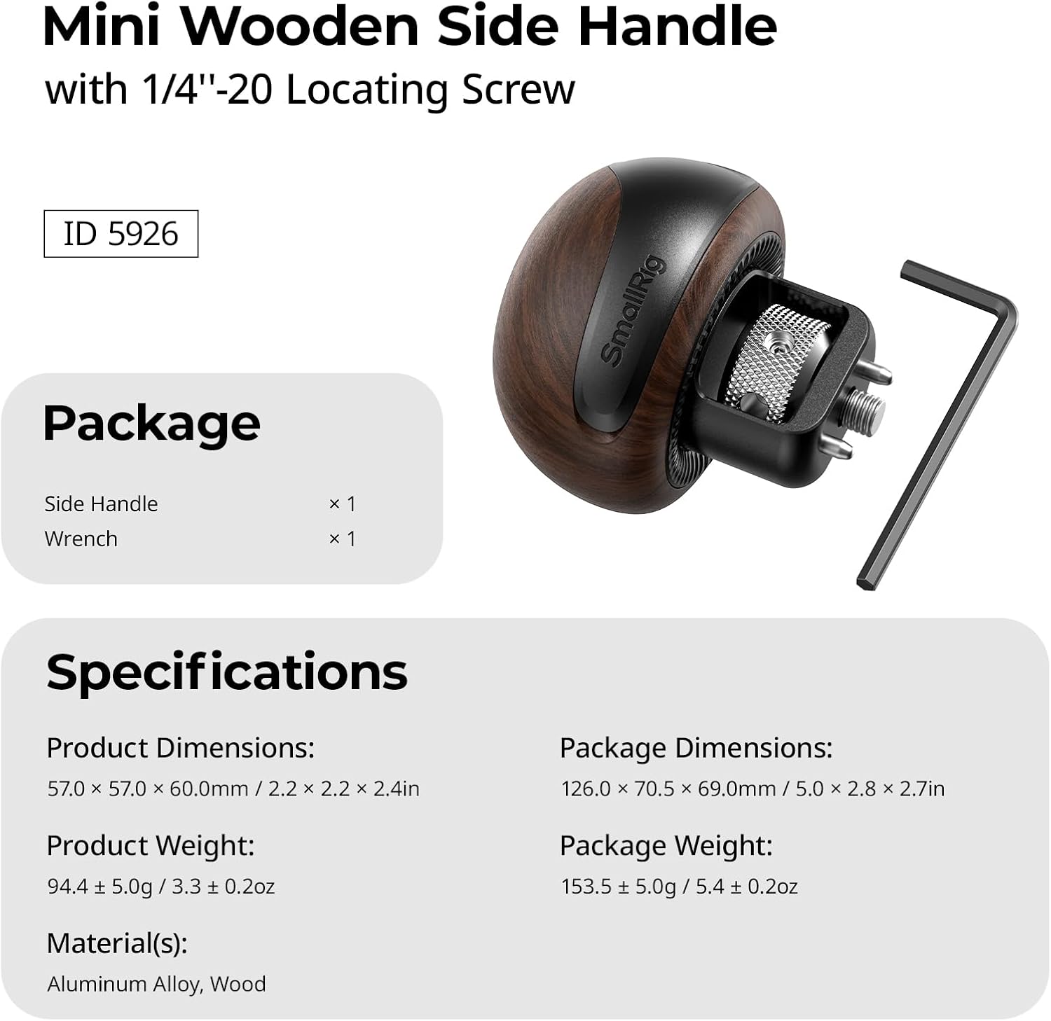Detalle de SMALLRIG 5926 mini-zijhandgreep van hout met 1/4"-20-aansluiting