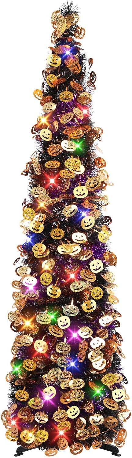 Detalle de N&T NIETING 5-Foot Halloween Tinsel Tree with Pumpkin Accents and Orange LED Lights