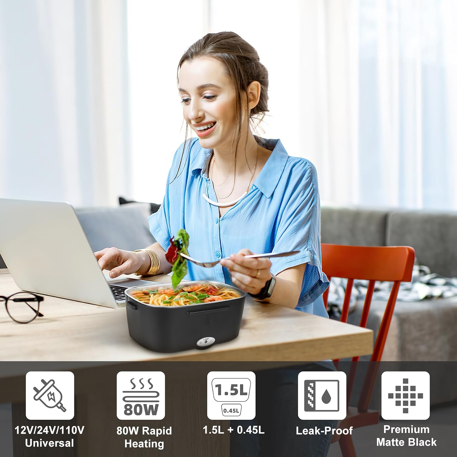 Detalle de SOHIDA 80W Electric Lunch Box, 1.5 L Stainless Steel, 12V/24V/110V