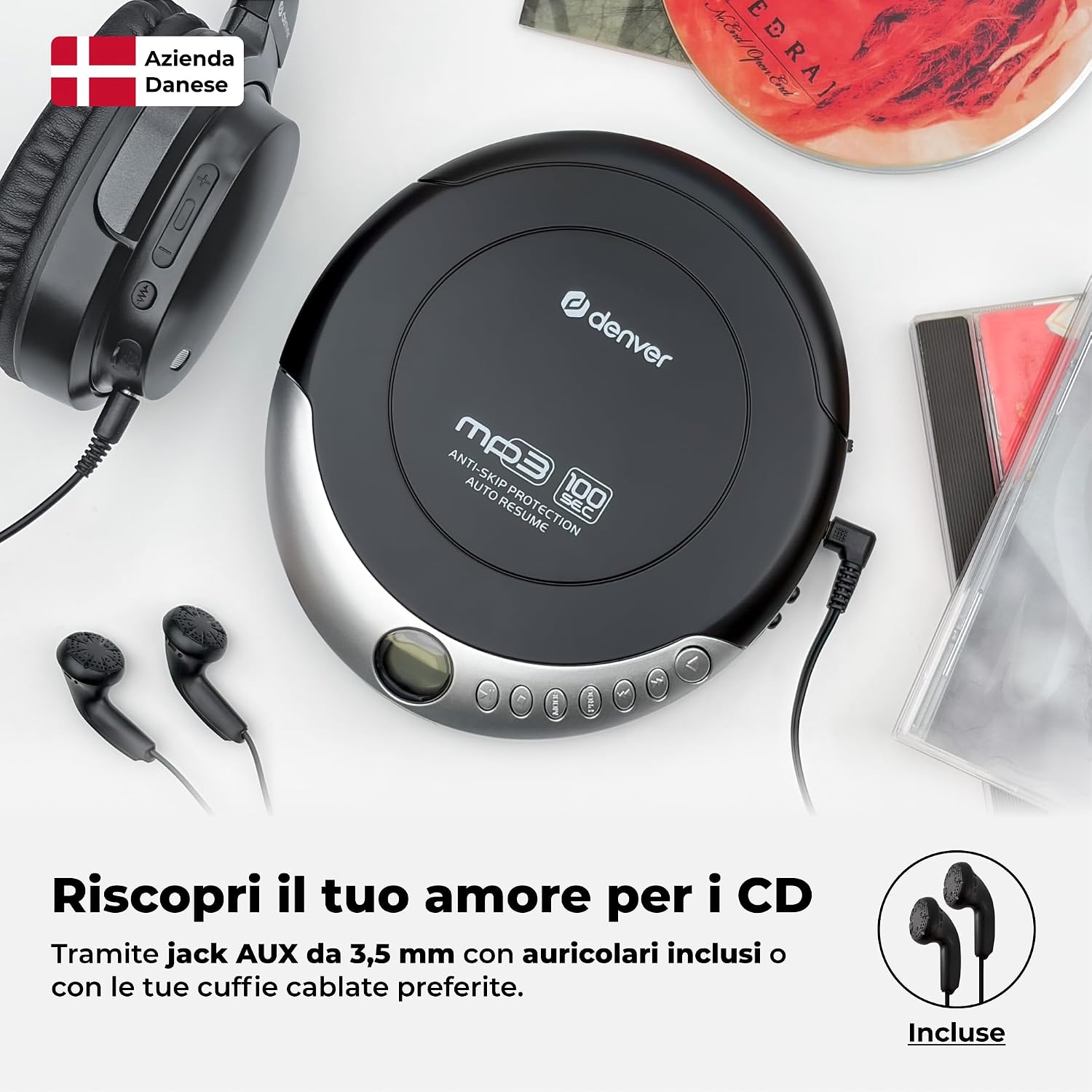 Detalle de Denver DMP-391 Lettore CD Portatile: Walkman con Anti-Shock, Bass Boost e cuffie incluse