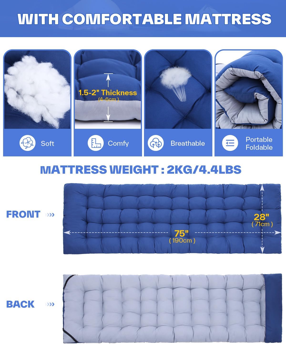 Thumbnail 2 de Sportneer Camp Beds for Adults with 1.5" Thick Mattress – Extra Wide Camping Bed (450lbs capacity)