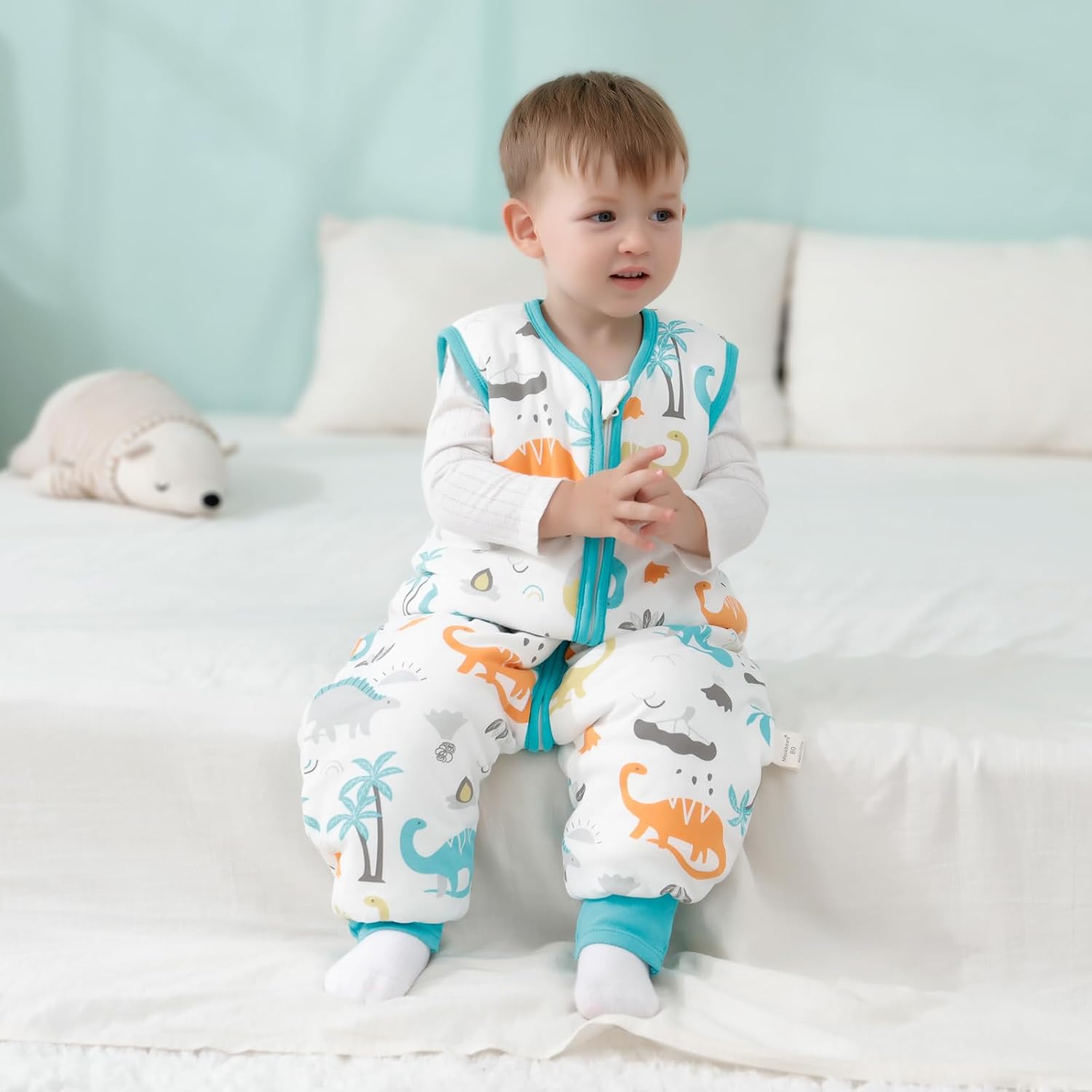 Detalle de Mosebears babyslaapzak met voetjes, 2,5 tog, katoen, groene dinosaurusprint