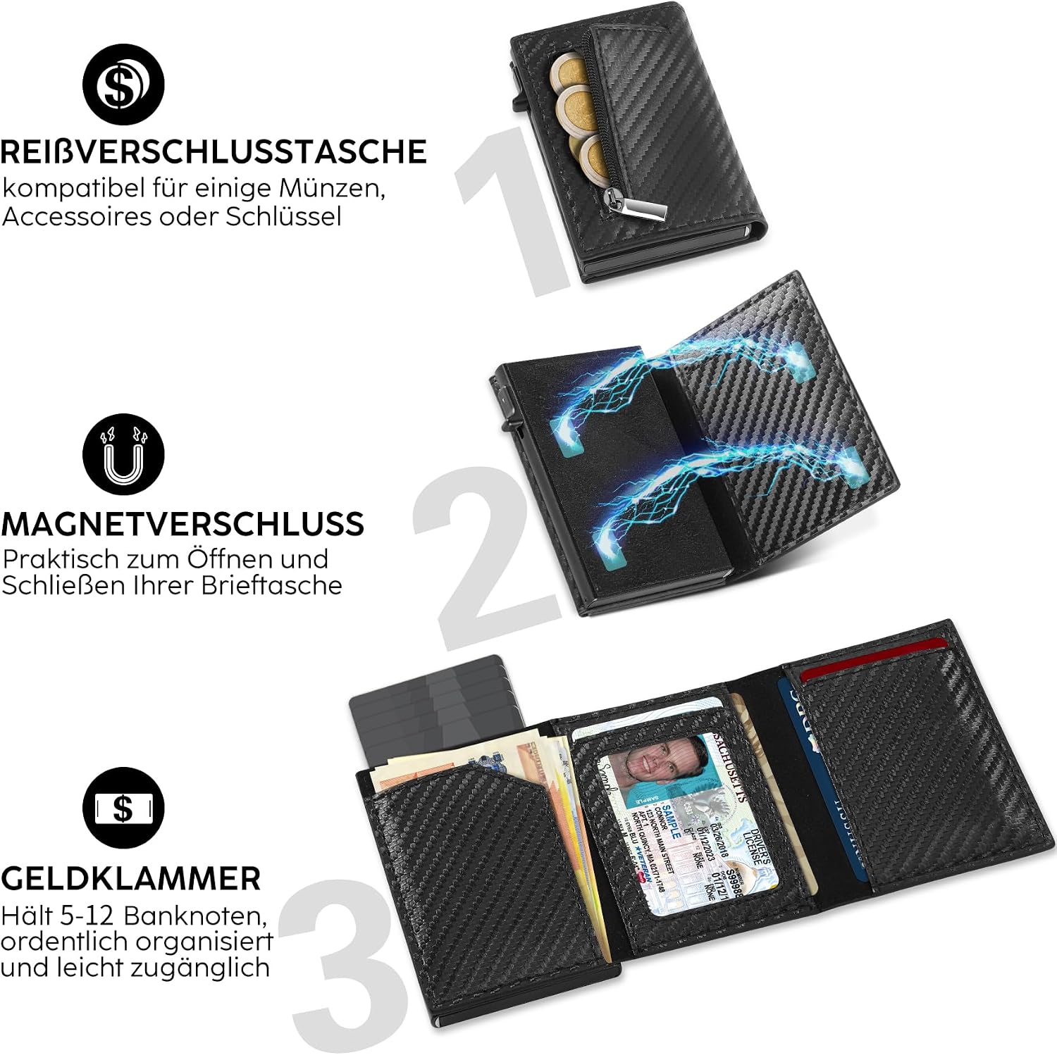 Detalle de TENBST Geldbörse Herren | Slim Wallet mit Pop-up Kartenfach, Münzfach und RFID-Schutz