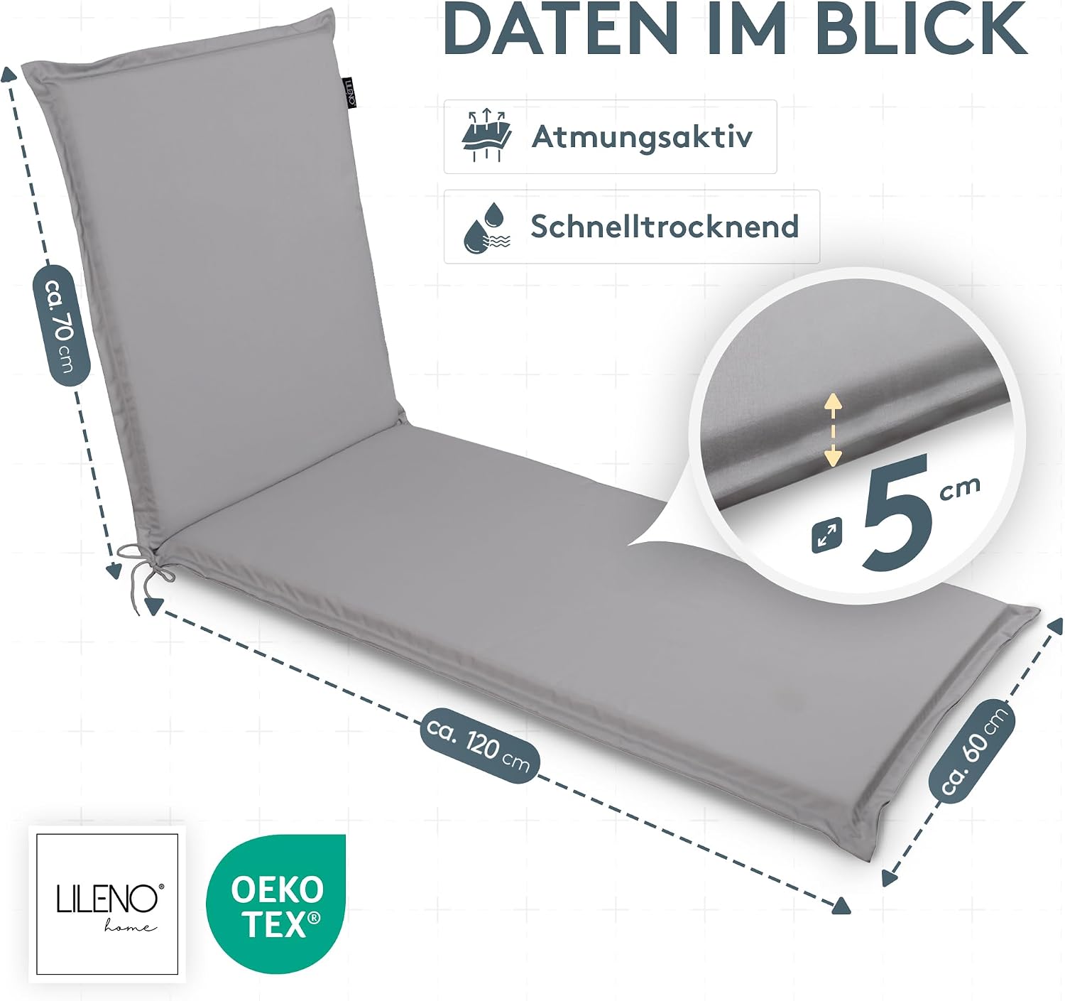 Detalle de LILENO HOME Sonnenliege Auflage 4er-Set Grau – Passende Polsterung für Garten- und Strandliege (188 × 60 × 5 cm)
