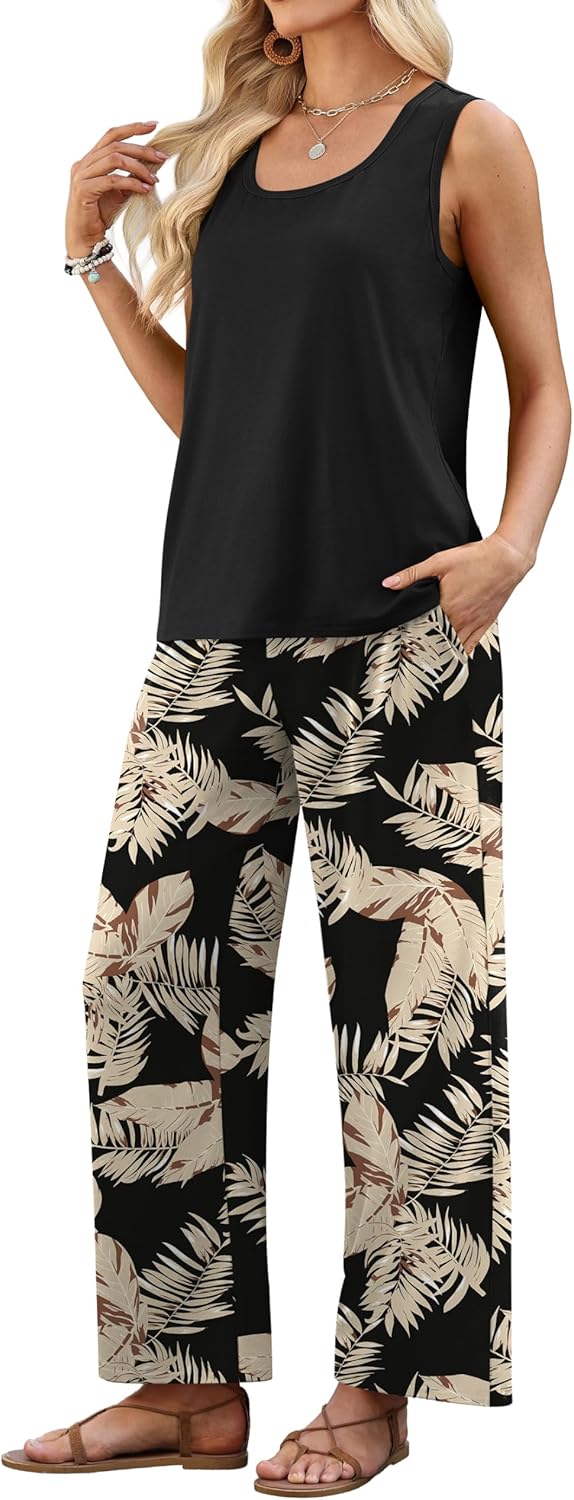 Thumbnail 3 de WIHOLL Two Piece Set for Women: Lightweight Summer Tank Top & Wide-Leg Pants