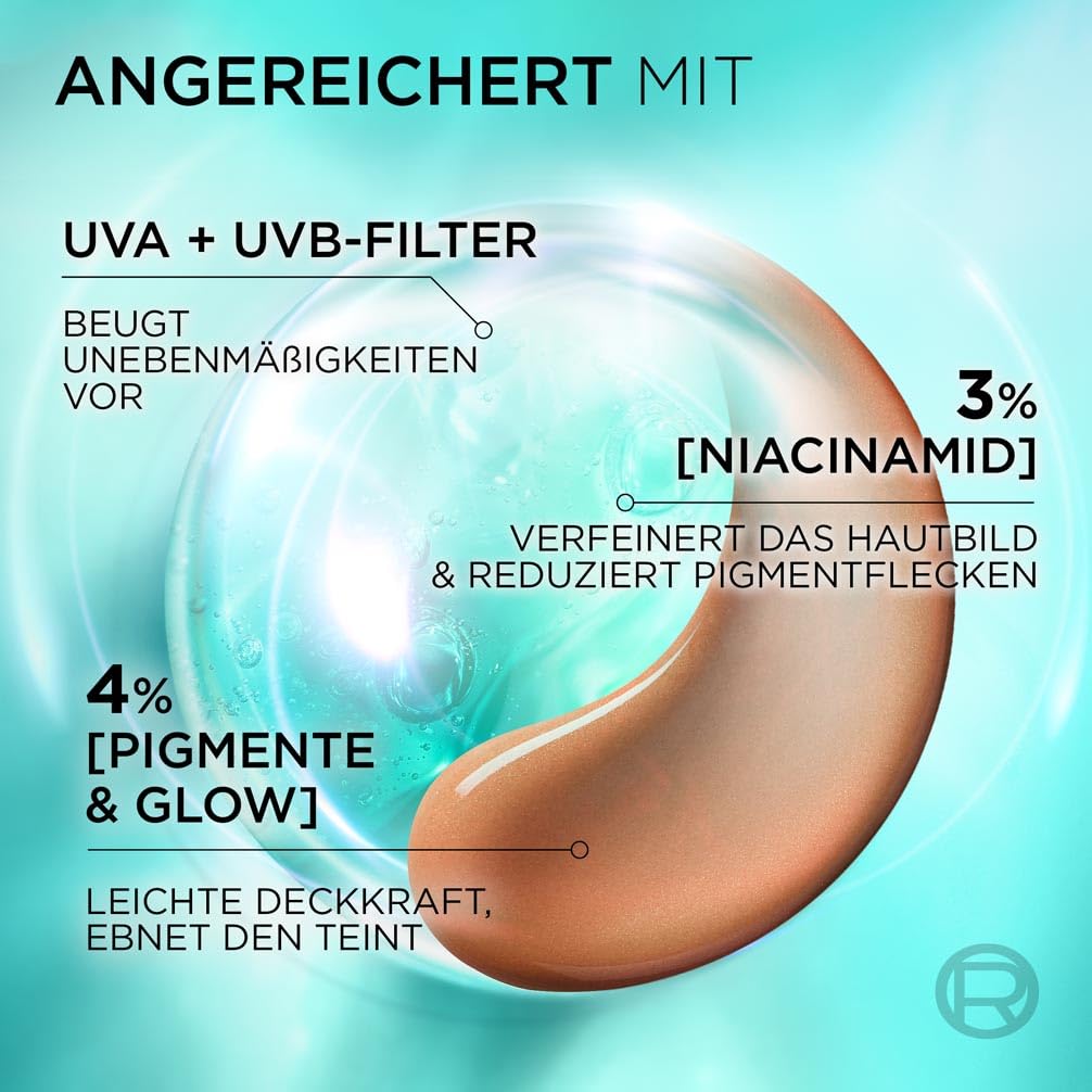 Detalle de L’Oréal Tägliches Getöntes UV Glow-Fluid LSF 50, Niacinamid + Glow-Pigmente – Farbe Mittel