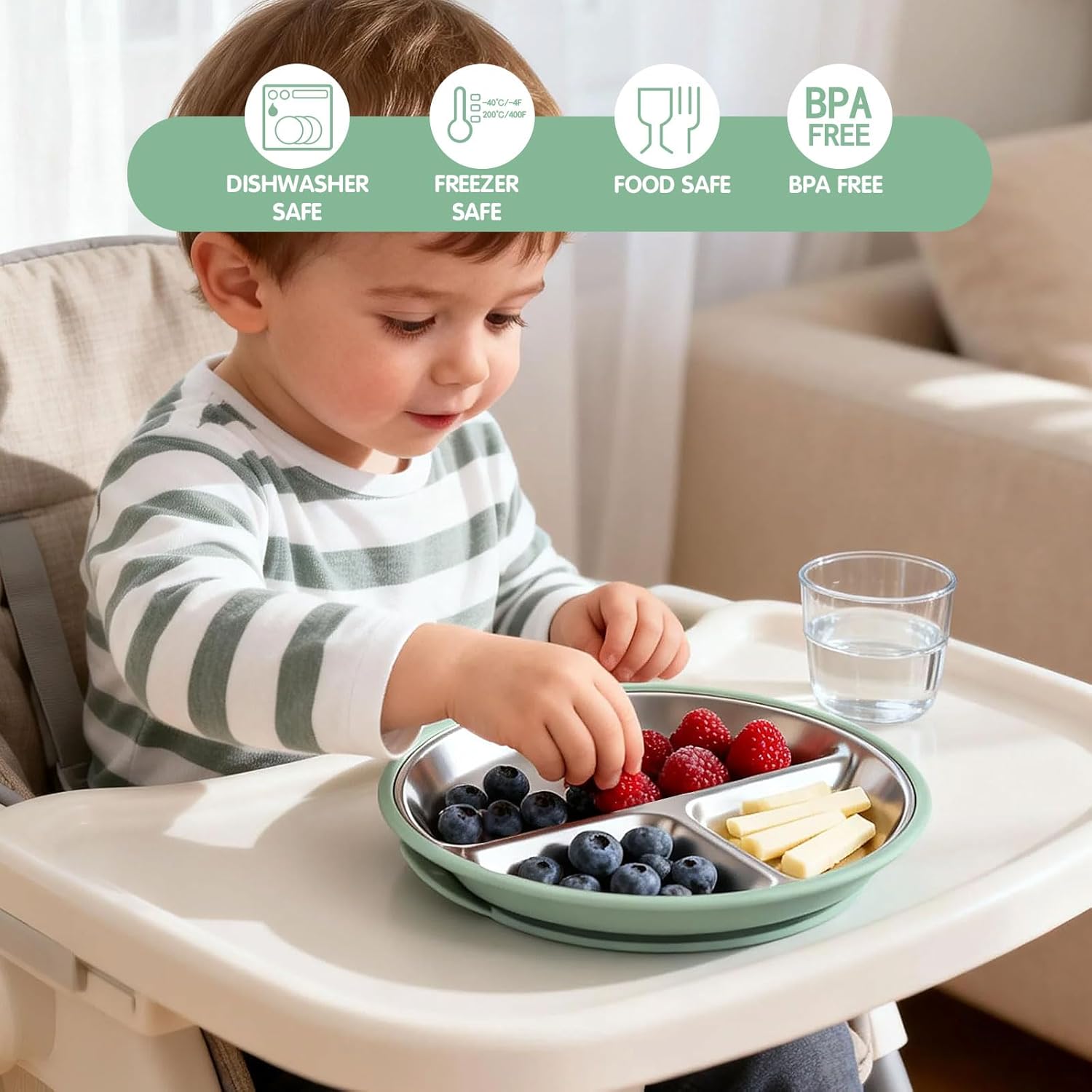 Thumbnail 4 de Greentainer 3 Pack Stainless Steel Plate with Suction Base (BPA-Free) – Divided Toddler Feeding Set for Baby-Led Weaning