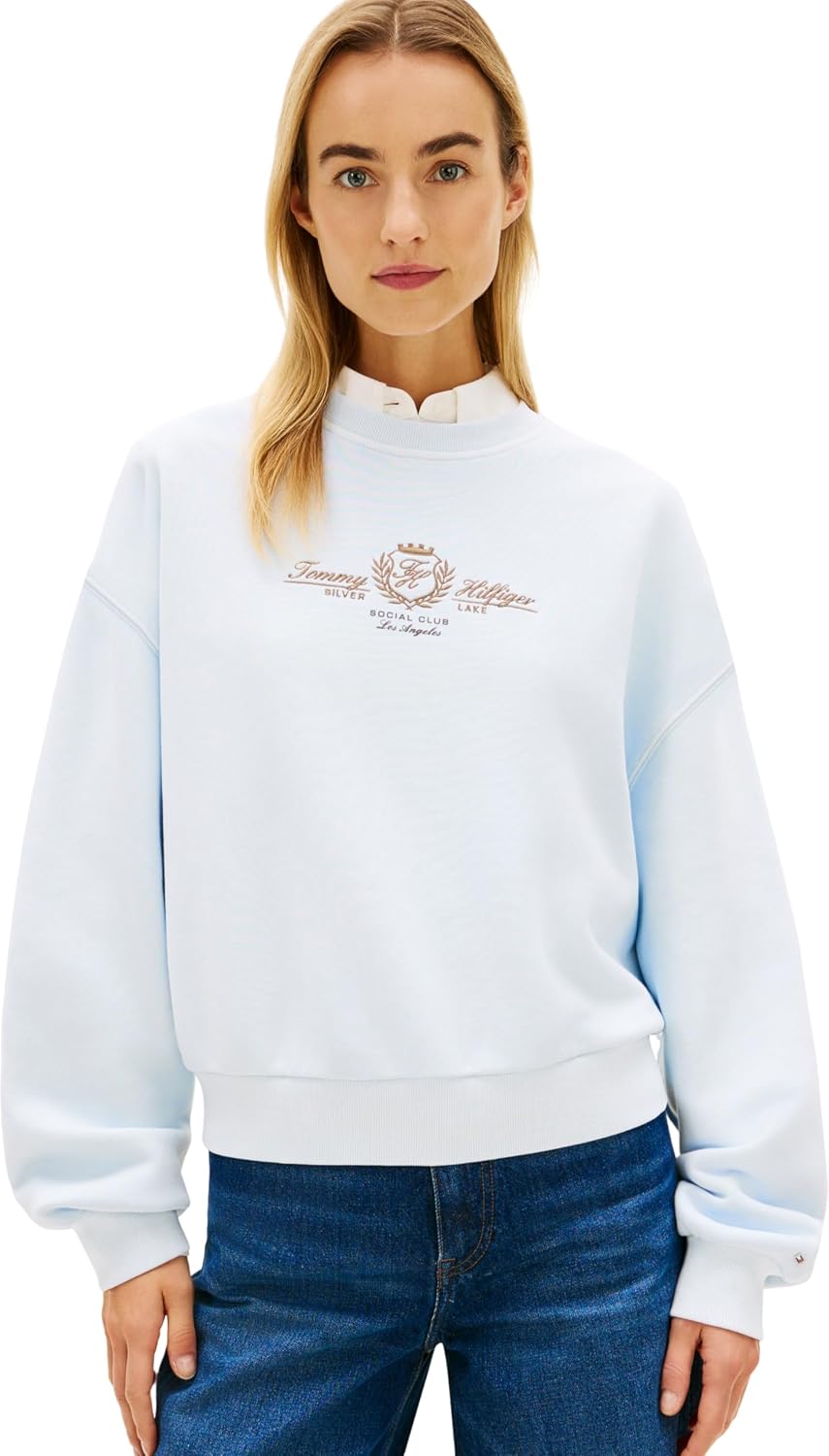 Detalle de Tommy Hilfiger Varsity Crest Terry Sweatshirt Donna – Felpa pullover originale e sostenibile