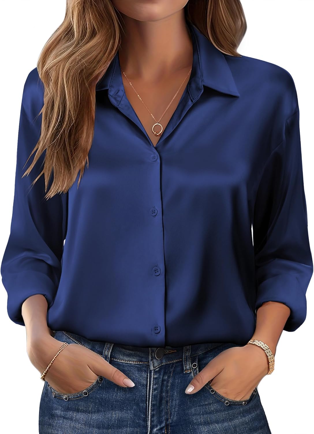 Detalle de Zeagoo Women's Satin Silk Button-Down Long Sleeve Shirt