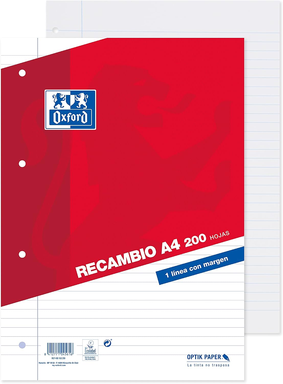 Detalle de Oxford 400163299 A4-schrijfbladen, gelinieerd, 4-gaats, 200 vellen