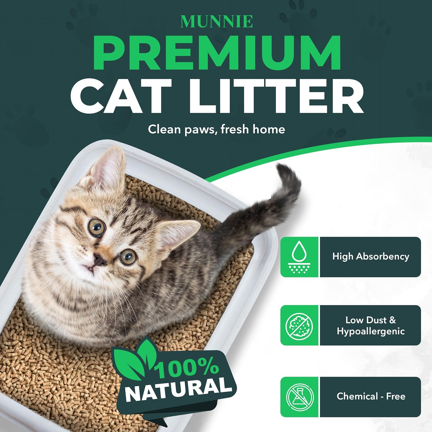 Detalle de Munnie Cat Litter 30L – Biodegradable, Dust-Free, Unscented Wood Pellets for Cats & Kittens