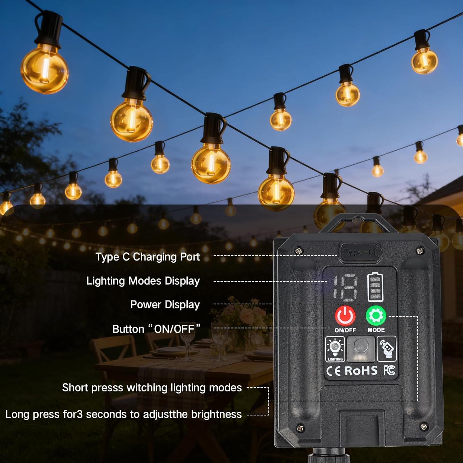 Thumbnail 3 de GCCATE Solar String Lights Outdoor Garden 15M/50FT with USB-C, IP65, 17+1 G40 Bulbs