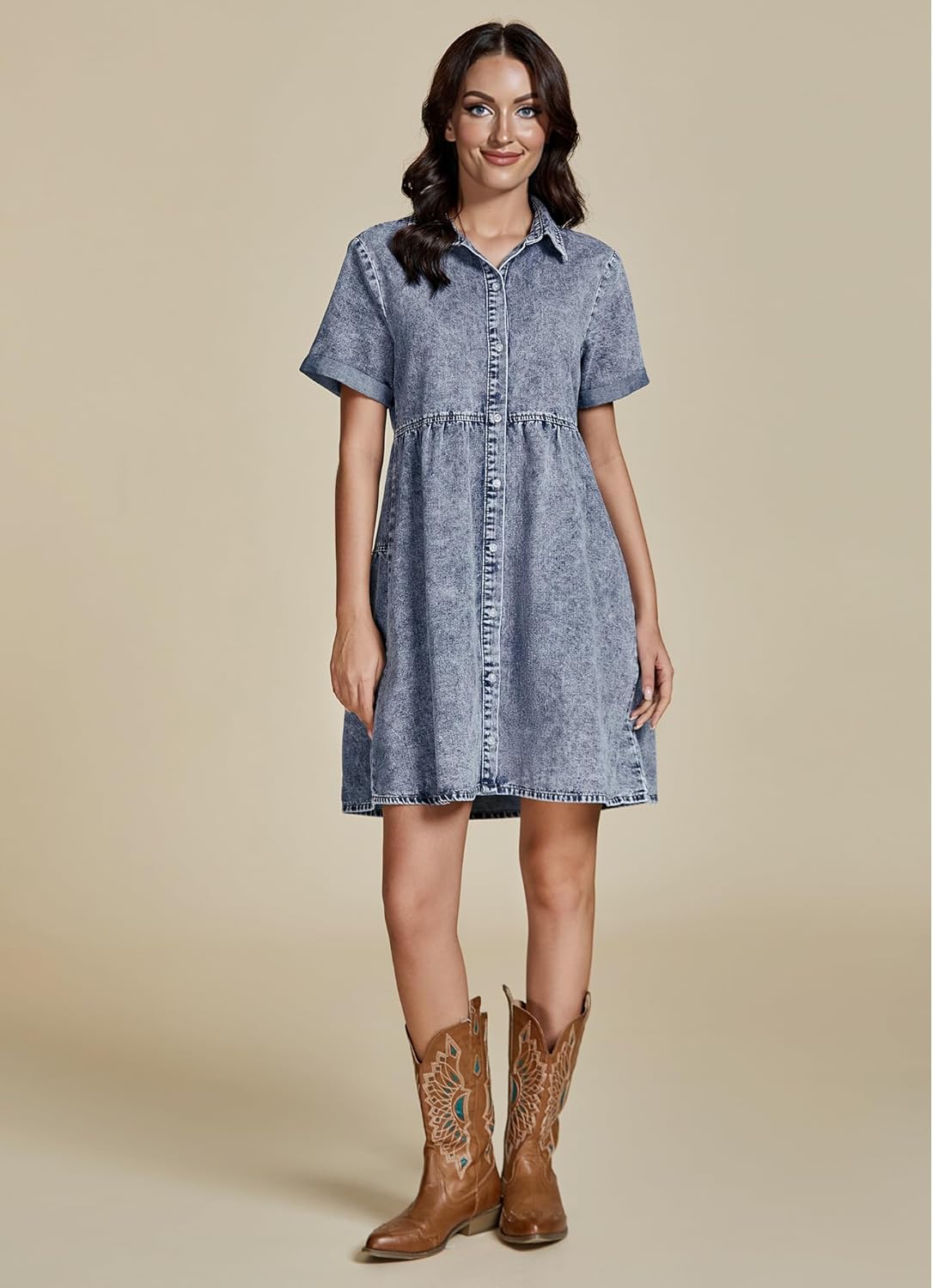 Detalle de GRAPENT Denim Dress for Women Babydoll Tiered Short Sleeve Button Down Jean Shirt Dresses