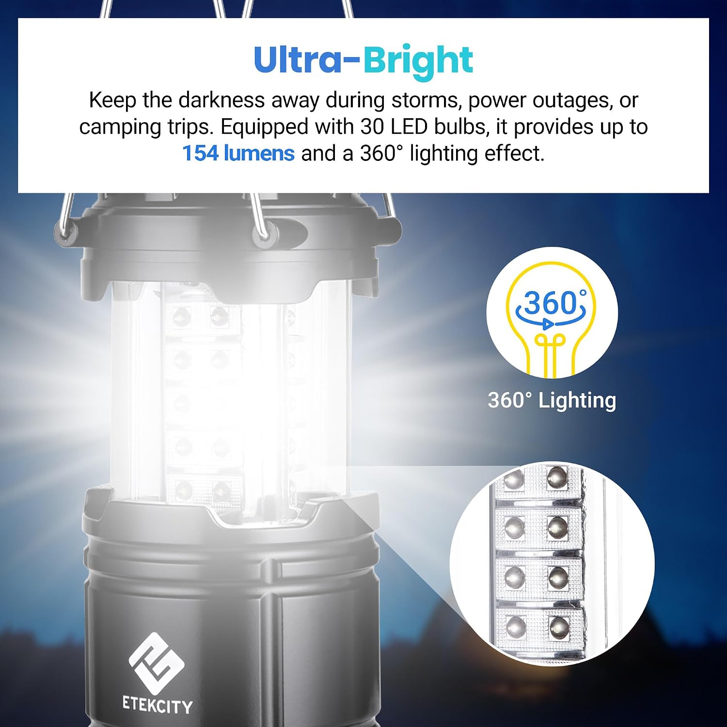 Detalle 2 de Etekcity CL10-2 Pack LED Camping Lanterns, 154 Lumens, Collapsible, 2-Pack
