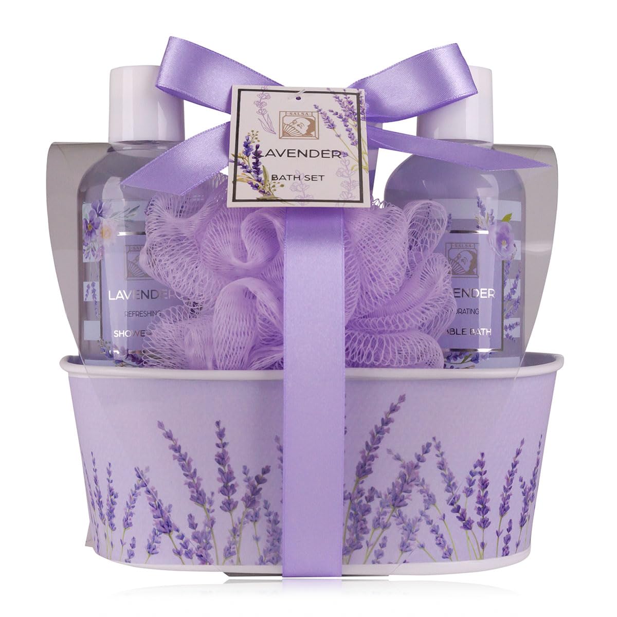 Detalle de Accentra Duschset Frauen Geschenkset LAVENDEL – 3-teiliges Pflegeset mit Duschgel, Bodylotion & Netzschwamm in Keramikwanne