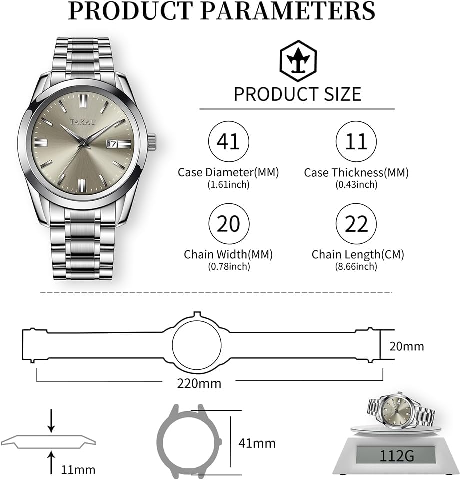 Detalle de Taxau Herren Edelstahl Chronograph Uhr – wasserdicht, Leuchtzeiger & Kalenderfunktion