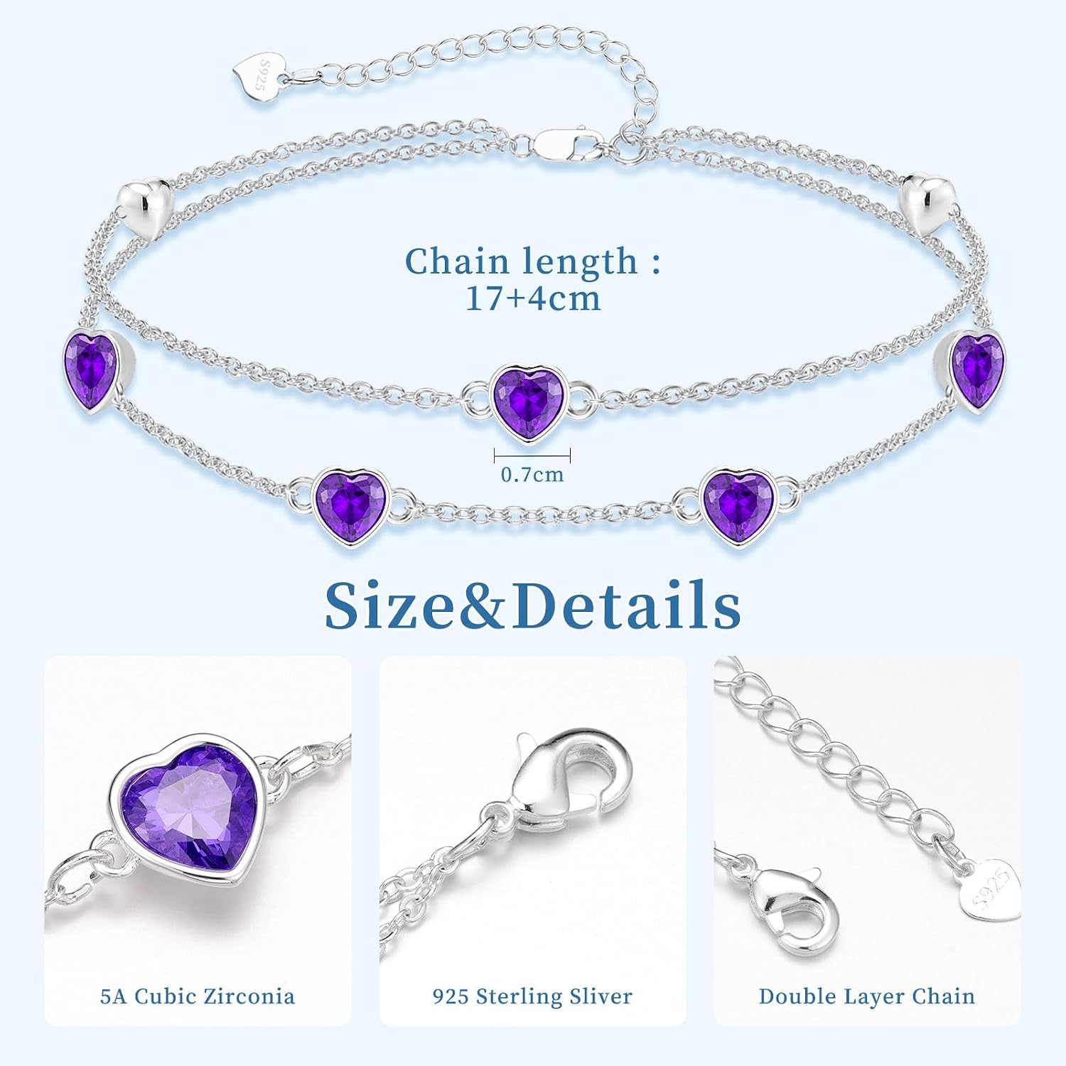 Detalle de Miss Chipmunk Geburtsstein Armband 925er Sterlingsilber – Herz-Doppelarmband mit Geburtsstein