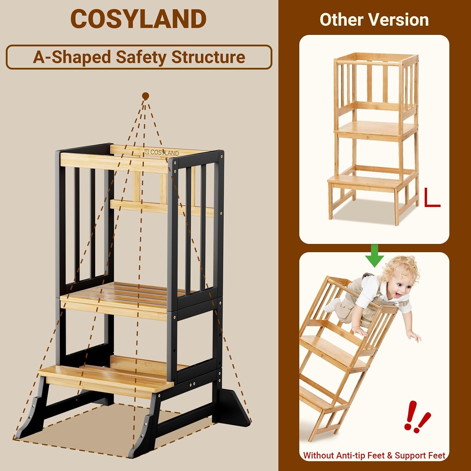 Detalle de COSYLAND Height-Adjustable Toddler Standing Tower – Stable Bamboo Kitchen Stool (Black & Natural)