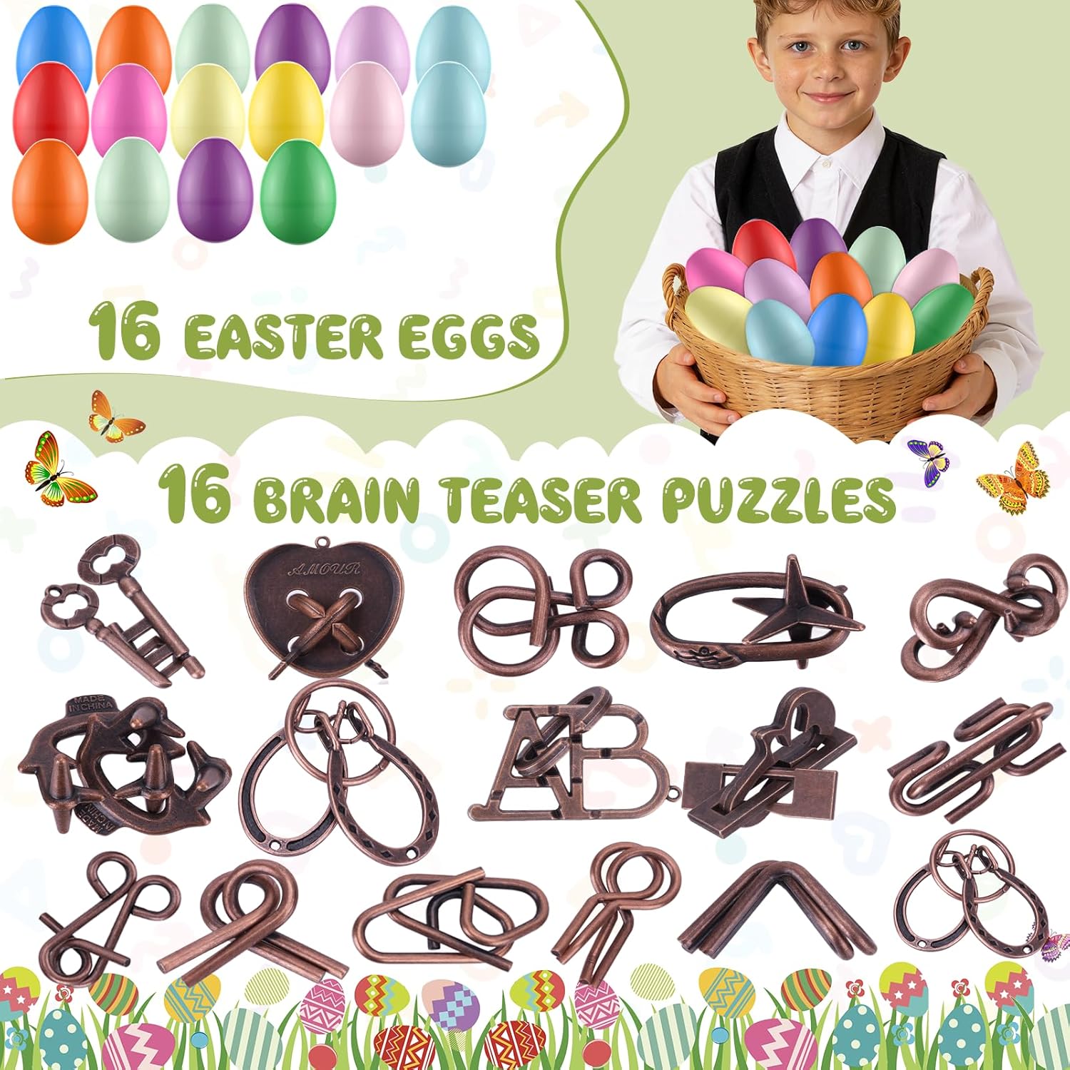 Detalle 2 de 16-Pack Easter Eggs Filled with Brain Teaser Puzzles (Plastic Eggs + Metal Wire/3D Block Puzzles)