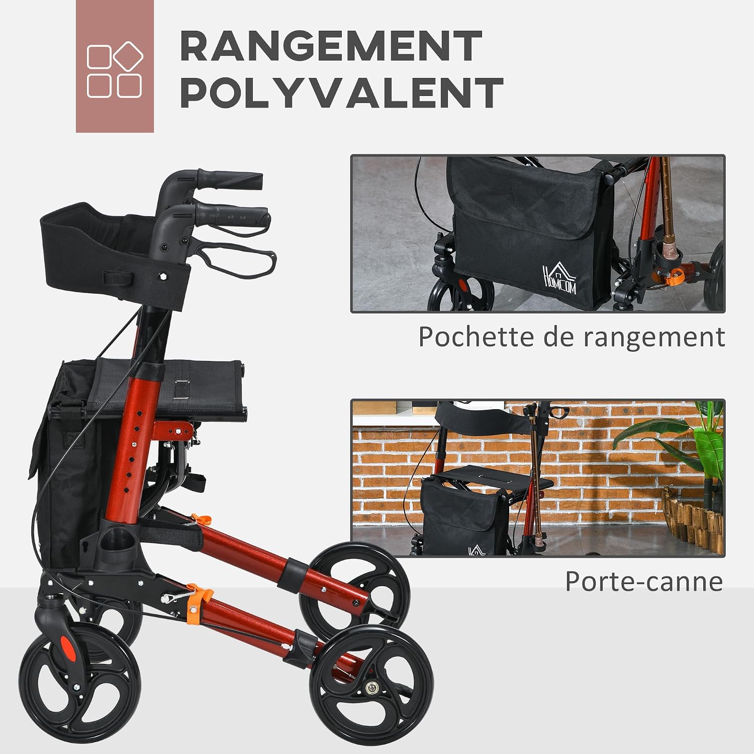 Detalle de HOMCOM 712-055V00RD rollator met zitje, 4 wielen en dubbele remmen