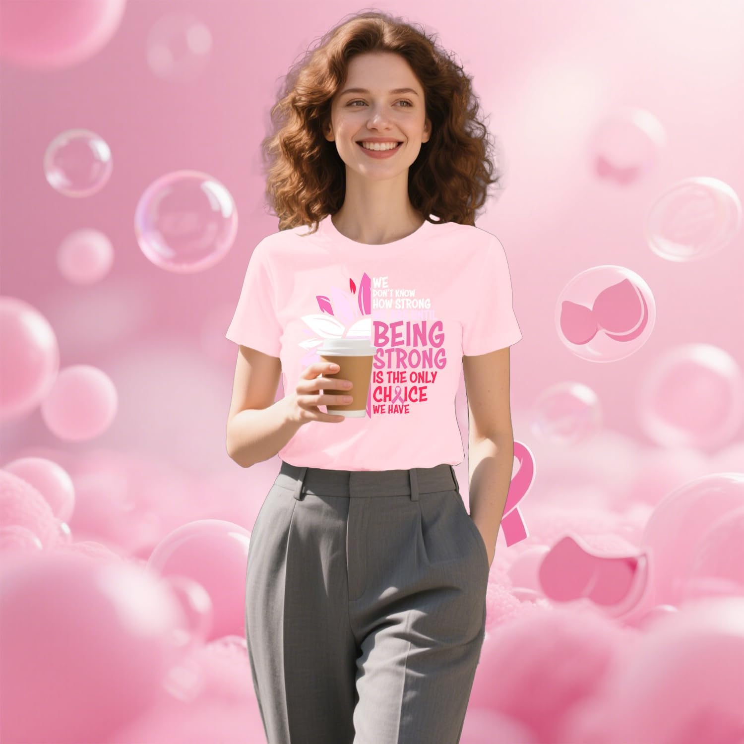 Detalle 2 de Qskall Breast Cancer Awareness T-Shirt for Women with Pink Ribbon & Sunflower Graphic
