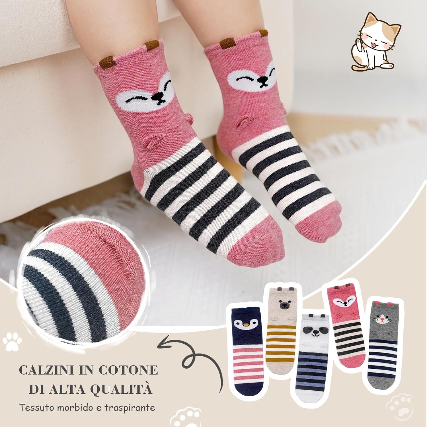 Thumbnail 2 de ZFSOCK Calzini bambina in cotone con gatti cartoon (set da 5 paia) taglie 23-26/27-30/31-34