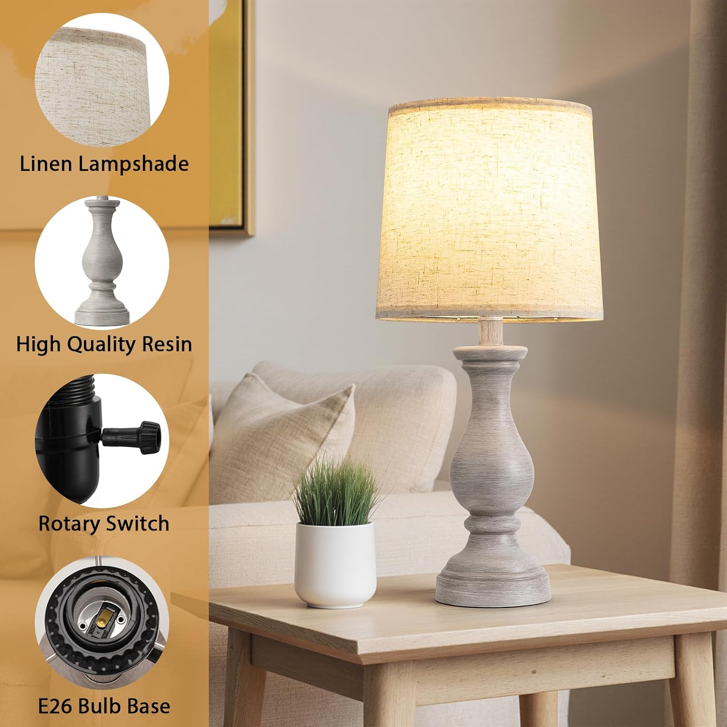 Detalle de Fenmzee SZ4 Resin Table Lamp Set of 2, Antique Grey with Linen Shades