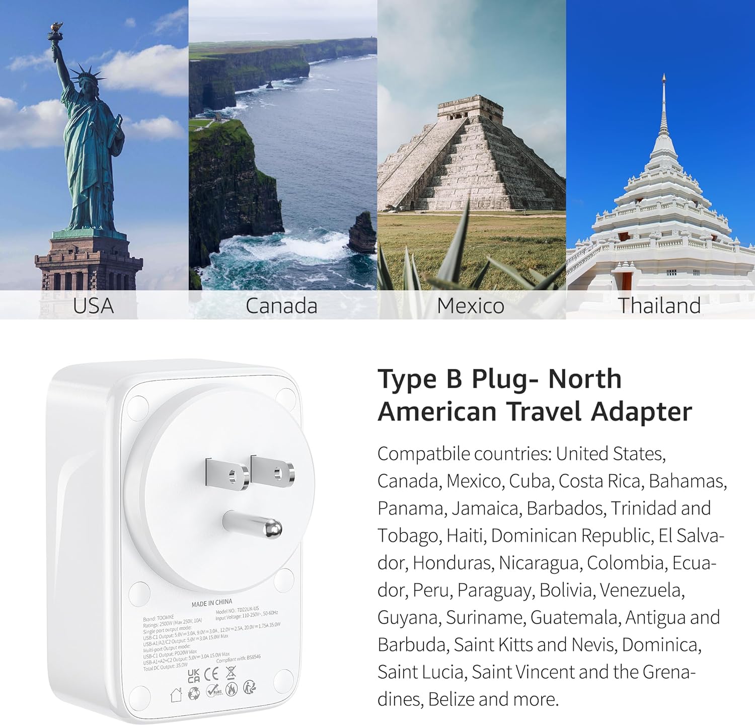 Thumbnail 3 de UK to US Plug Adapter with PD 35W USB-C Fast Charge (Type B) + 2 USB-A and 2 USB-C ports