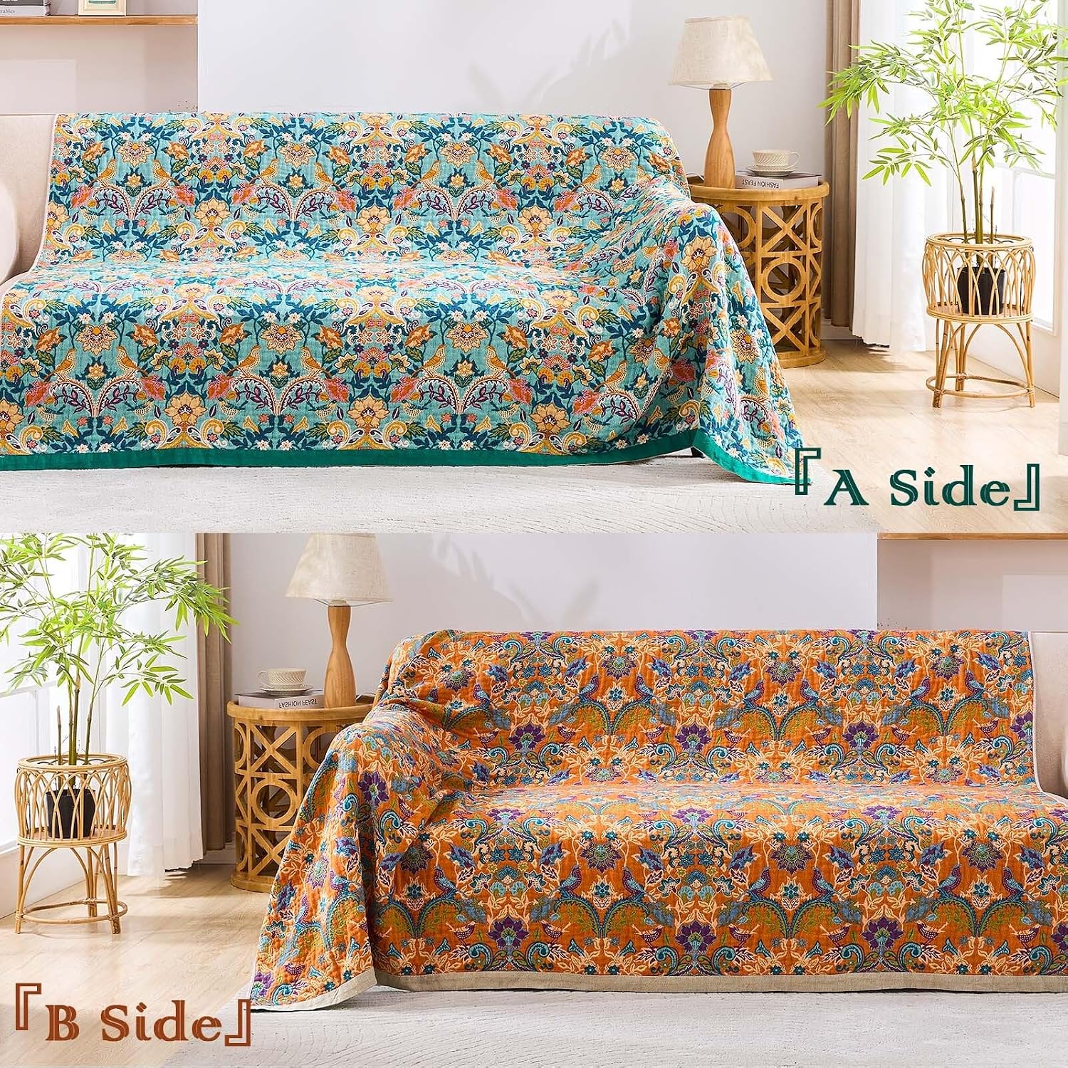 Thumbnail 3 de XIBLC Boho Blanket Throw Quilt — 90" x 98", 100% Cotton, Reversible Bohemian Farmhouse Style