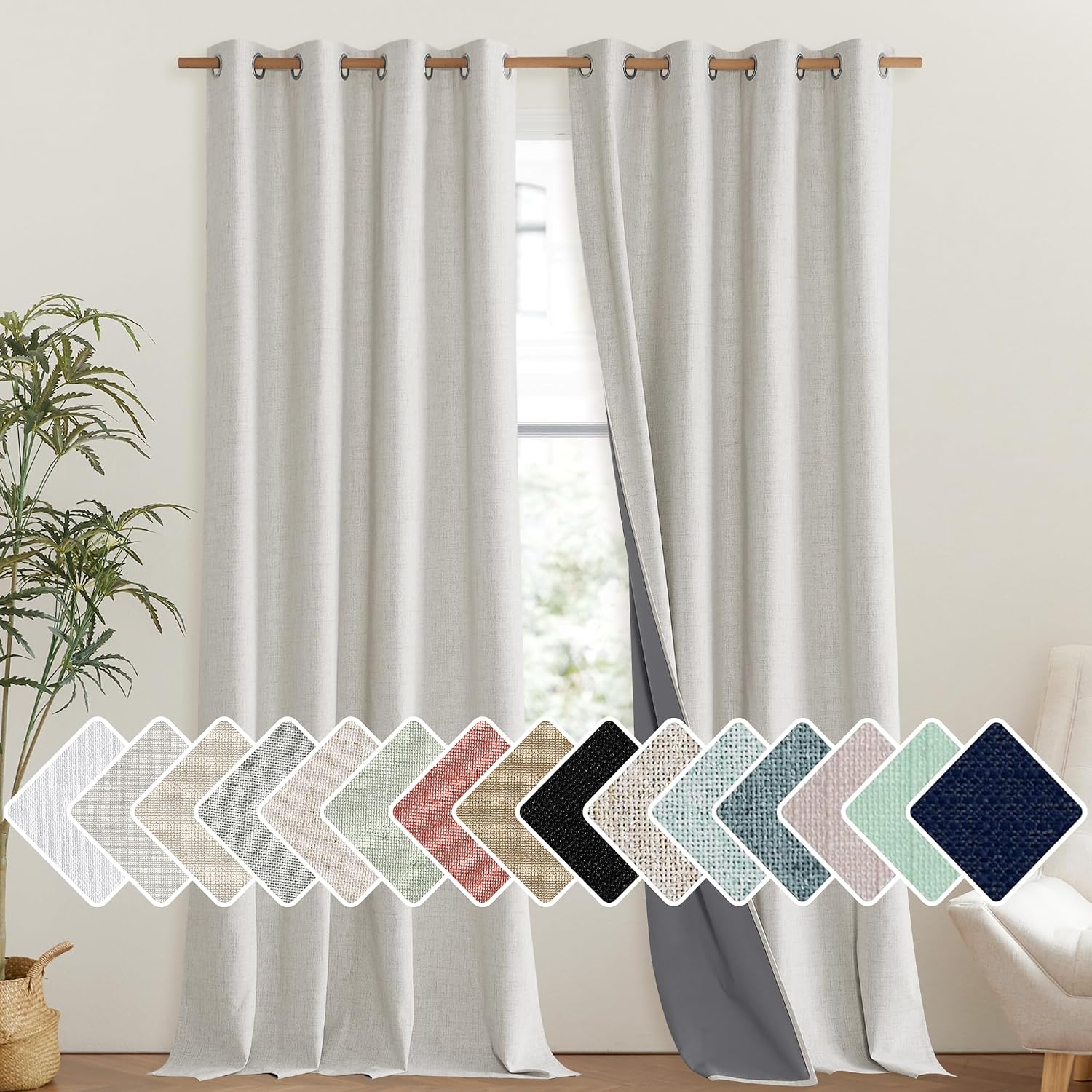 Detalle de NICETOWN Snowbound Vintage Linen 100% Blackout Curtains – 2 Panels, 52" W x 102" L, 104" Total Width, Noise-Reducing Thermal Drapes