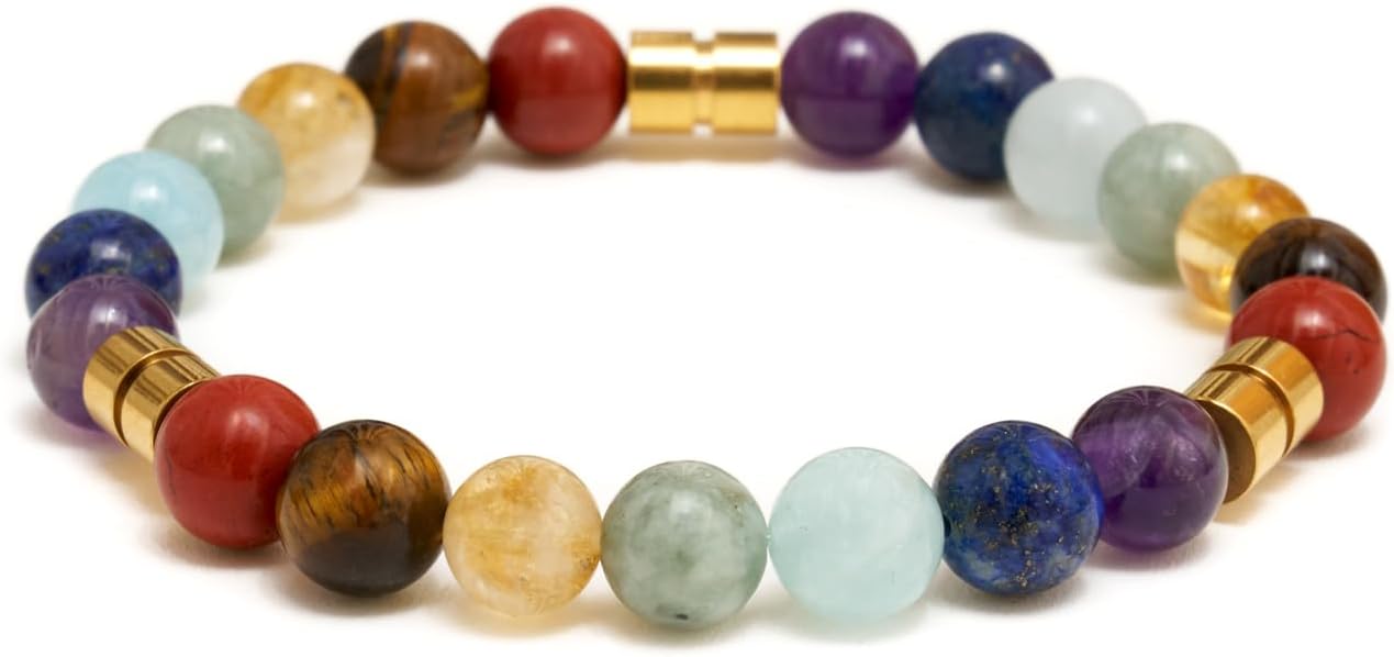 Detalle de BERGERLIN 7 Chakra Armband mit Naturstein-Perlen & Lavastein – geprüft in Deutschland, mit Echtheitszertifikat