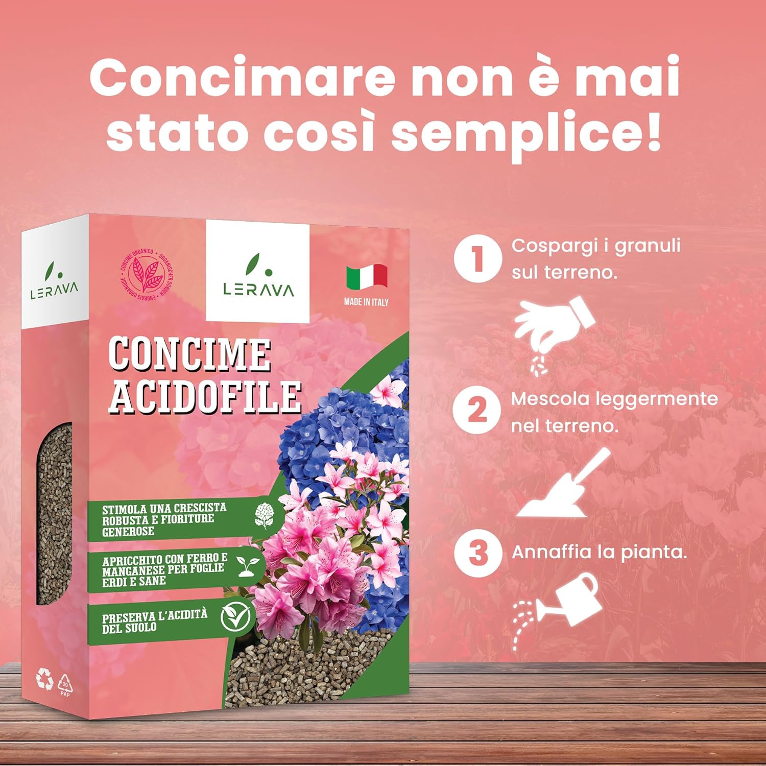 Detalle 2 de LERAVA Concime Acidofile (4x800 g) – fertilizzante biologico per ortensie, rododendri, azalee, camelie, gardenie