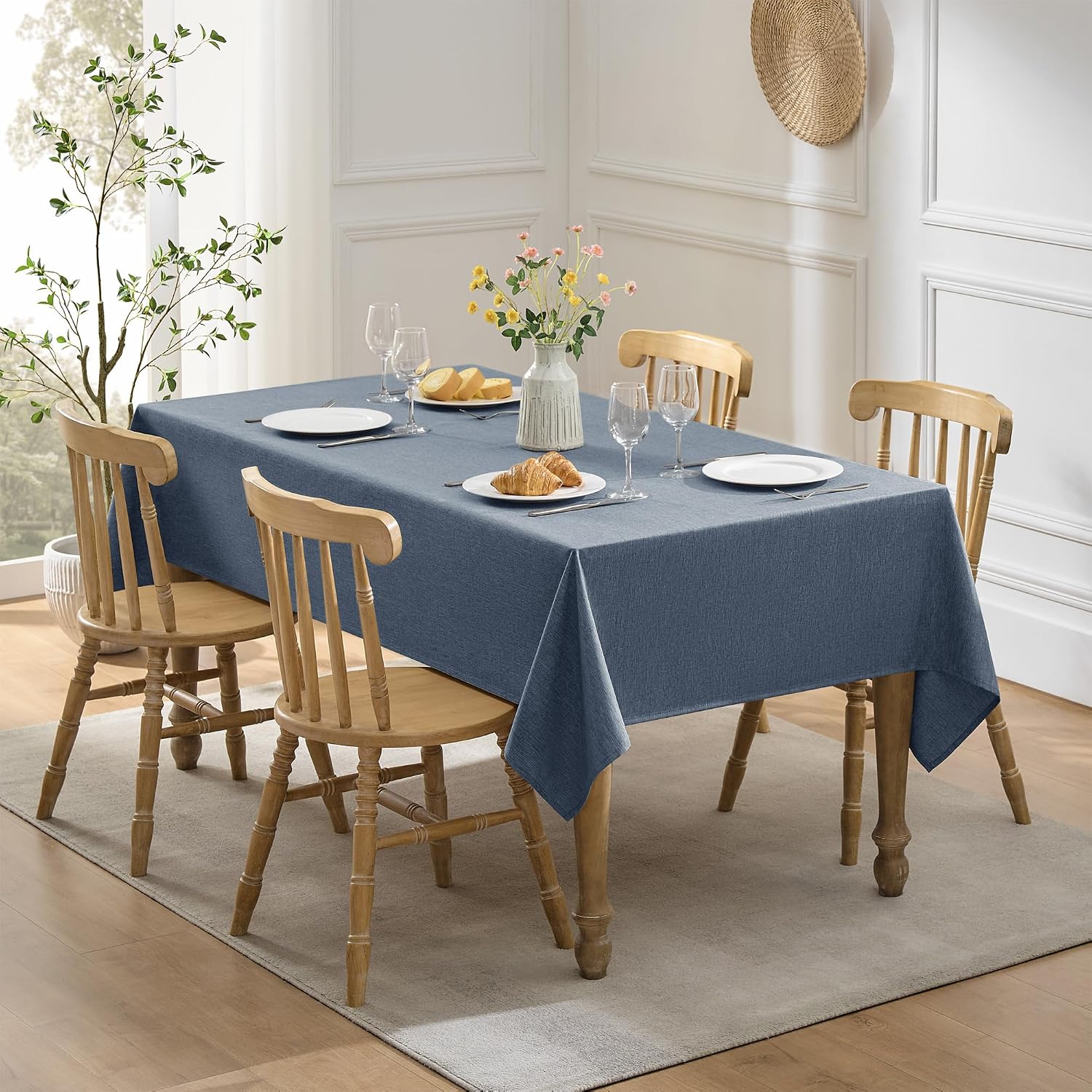 Thumbnail 6 de Decorelia 60" x 84" Faux Linen Tablecloth, Denim Blue, Waterproof Polyester