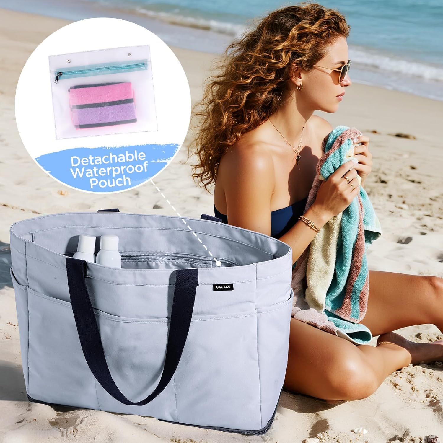 Detalle de GAGAKU Sac de plage XXL avec compartiment isotherme – 50 x 38 x 19 cm, bleu