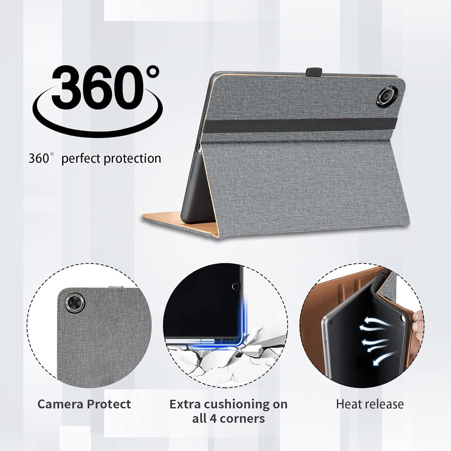 Detalle 2 de Hülle für Samsung Galaxy Tab A9 Plus 11 Zoll (SM-X210/SM-X215/SM-X216) Grau – Leder Schutzhülle mit Tasche, Stifthalter und Standfunktion